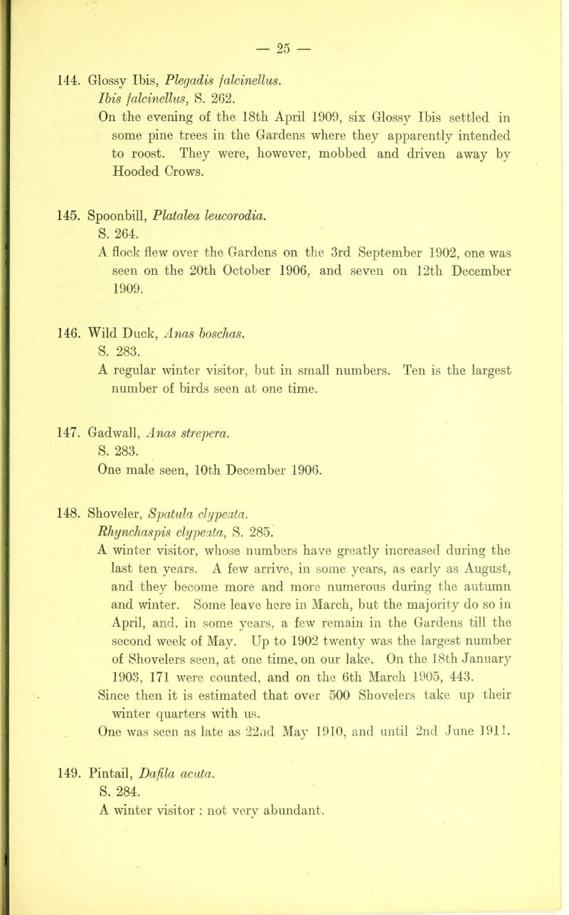 144. Glossy Ibis, Plegadis falcinellus. Ibis falcinellus, S. 262. On the evening of the 18th April 1909, six Glossy Ibis settled in some pine trees in the Gardens where they apparently intended to roost. They were, however, mobbed and driven away by Hooded Crows. 145. Spoonbill, Platalea leucorodia. S. 264. A flock flew over the Gardens on the 3rd September 1902, one was seen on the 20th October 1906, and seven on 12th December 1909. 146. Wild Duck, Anas boschas. S. 283. A regular winter visitor, but in small numbers. Ten is the largest number of birds seen at one time. 147. Gadwall, Anas strepera. S. 283. One male seen, 10th December 1906. 148. Shoveler, Spatula clypeata. Rhynchaspis clypeata, S. 285. A winter visitor, whose numbers have greatly increased during the last ten years. A few arrive, in some years, as early as August, and they become more and more numerous during the autumn and winter. Some leave here in March, but the majority do so in April, and. in some years, a few remain in the Gardens till the second week of May. Up to 1902 twenty was the largest number of Shovelers seen, at one time, on our lake. On the 18th January 1903, 171 were counted, and on the 6th March 1905, 443. Since then it is estimated that over 500 Shovelers take up their winter quarters with us. One was seen as late as 22nd May 1910, and until 2nd June 1911. 149. Pintail, Dafila acuta. S. 284. A winter visitor ; not very abundant.