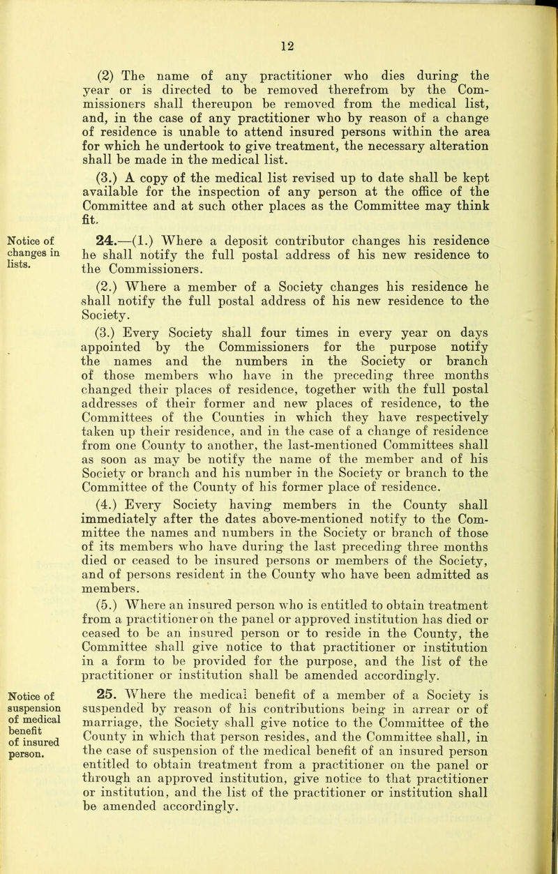 Notice of changes in lists. Notice of suspension of medical benefit of insured person. (2) The name of any practitioner wlio dies during the year or is directed to be removed therefrom by the Com- missioners shall thereupon be removed from the medical list, and, in the case of any practitioner who by reason of a change of residence is unable to attend insured persons within the area for which he undertook to give treatment, the necessary alteration shall be made in the medical list. (3.) A copy of the medical list revised up to date shall be kept available for the inspection of any person at the office of the Committee and at such other places as the Committee may think fit. 24. —(1.) Where a deposit contributor changes his residence he shall notify the full postal address of his new residence to the Commissioners. (2.) Where a member of a Society changes his residence he shall notify the full postal address of his new residence to the Society. (3.) Every Society shall four times in every year on days appointed by the Commissioners for the purpose notify the names and the numbers in the Society or branch of those members who have in the preceding three months changed their places of residence, together with the full postal addresses of their former and new places of residence, to the Committees of the Counties in which they have respectively taken up their residence, and in the case of a change of residence from one County to another, the last-mentioned Committees shall as soon as may be notify the name of the member and of his Society or branch and his number in the Society or branch to the Committee of the County of his former place of residence. (4.) Every Society having members in the County shall immediately after the dates above-mentioned notify to the Com- mittee the names and numbers in the Society or branch of those of its members who have during the last preceding three months died or ceased to be insured persons or members of the Society, and of persons resident in the County who have been admitted as members. (5.) Where an insured person who is entitled to obtain treatment from a practitioner on the panel or approved institution has died or ceased to be an insured person or to reside in the County, the Committee shall give notice to that practitioner or institution in a form to be provided for the purpose, and the list of the practitioner or institution shall be amended accordingly. 25. Where the medical benefit of a member of a Society is suspended by reason of his contributions being in arrear or of marriage, the Society shall give notice to the Committee of the County in which that person resides, and the Committee shall, in the case of suspension of the medical benefit of an insured person entitled to obtain treatment from a practitioner on the panel or through an approved institution, give notice to that practitioner or institution, and the list of the practitioner or institution shall be amended accordingly.