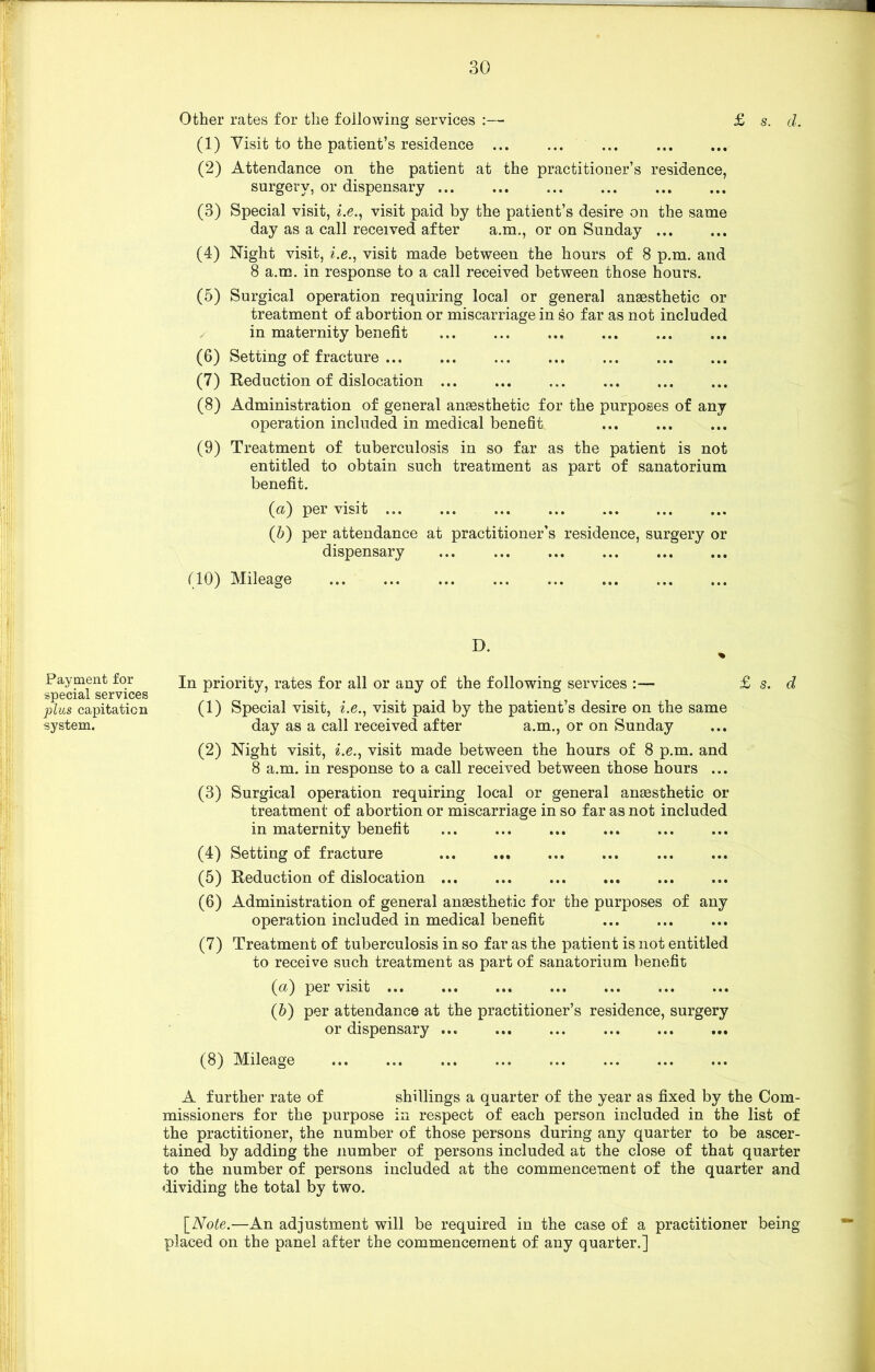 Other rates for the following services :— (1) Yisit to the patient’s residence (2) Attendance on the patient at the practitioner’s residence, surgery, or dispensary ... (3) Special visit, i.e., visit paid by the patient’s desire on the same day as a call received after a.m., or on Sunday ... (4) Night visit, i.e., visit made between the hours of 8 p.m. and 8 a.m. in response to a call received between those hours. (5) Surgical operation requiring local or general anaesthetic or treatment of abortion or miscarriage in so far as not included in maternity benefit (6) Setting of fracture ... (7) Reduction of dislocation (8) Administration of general anaesthetic for the purposes of any operation included in medical benefit (9) Treatment of tuberculosis in so far as the patient is not entitled to obtain such treatment as part of sanatorium benefit. (a) per visit (&) per attendance at practitioner’s residence, surgery or dispensary ... ... ... ... (10) Mileage £ s. d. Payment for special services plus capitation system. D. % In priority, rates for all or any of the following services :— £ s. d (1) Special visit, i.e., visit paid by the patient’s desire on the same day as a call received after a.m., or on Sunday (2) Night visit, i.e., visit made between the hours of 8 p.m. and 8 a.m. in response to a call received between those hours ... (3) Surgical operation requiring local or general anaesthetic or treatment of abortion or miscarriage in so far as not included in maternity benefit (4) Setting of fracture ... ... (5) Reduction of dislocation ... (6) Administration of general anaesthetic for the purposes of any operation included in medical benefit (7) Treatment of tuberculosis in so far as the patient is not entitled to receive such treatment as part of sanatorium benefit (a) per visit ... (b) per attendance at the practitioner’s residence, surgery or dispensary (8) Mileage A further rate of shillings a quarter of the year as fixed by the Com- missioners for the purpose in respect of each person included in the list of the practitioner, the number of those persons during any quarter to be ascer- tained by adding the number of persons included at the close of that quarter to the number of persons included at the commencement of the quarter and dividing bhe total by two. [Note.—An adjustment will be required in the case of a practitioner being placed on the panel after the commencement of any quarter.]