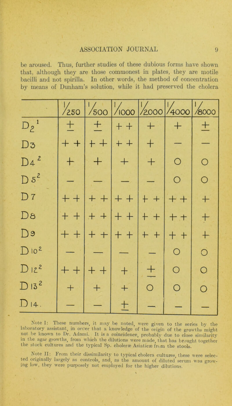 be aroused. Thus, further studies of these dubious forms have shown that, although they are those commonest in plates, they are motile bacilli and not spirilla. In other words, the method of concentration by means of Dunham’s solution, while it had preserved the cholera ' yuo /500 Z\000 /ZOOO 1/ /4000 1/ /8000 V + 4* 4 4 -1- 4 4 D3 + + 4 4 4- 4- 4 — — D42 4- + 4- 4 O O D52 — — — — o O D 7 4- 4 4 4 4 4 4 + 4 4 4- Da 4 4 + -+ 4 4 4 4 4 4 4- Da 4 4 + 4~ 4~ + 4- 4- 4 4 4 D ioa — — -— — o o D i z} 4—b 4 4 4 4 o O D is2 4~ + 4- o o O Did-. — — t — — — Note I: These numbers, it may be noted, were given to the series by the laboratory assistant, in order that a knowledge of the origin of the growths might not be knott n to Dr. Adami. It is a coincidence, probably due to close similarity in the agar growths, from which the dilutions were made, that has brought together the stock cultures and the typical Sp. choleras Asiatic* from the stools. hiote II. From their dissimilarity to typical cholera cultures, these were selec- ted originally largely as controls, and, as the amount of diluted’serum was grow- ing low, they were purposely not employed for the higher dilutions.