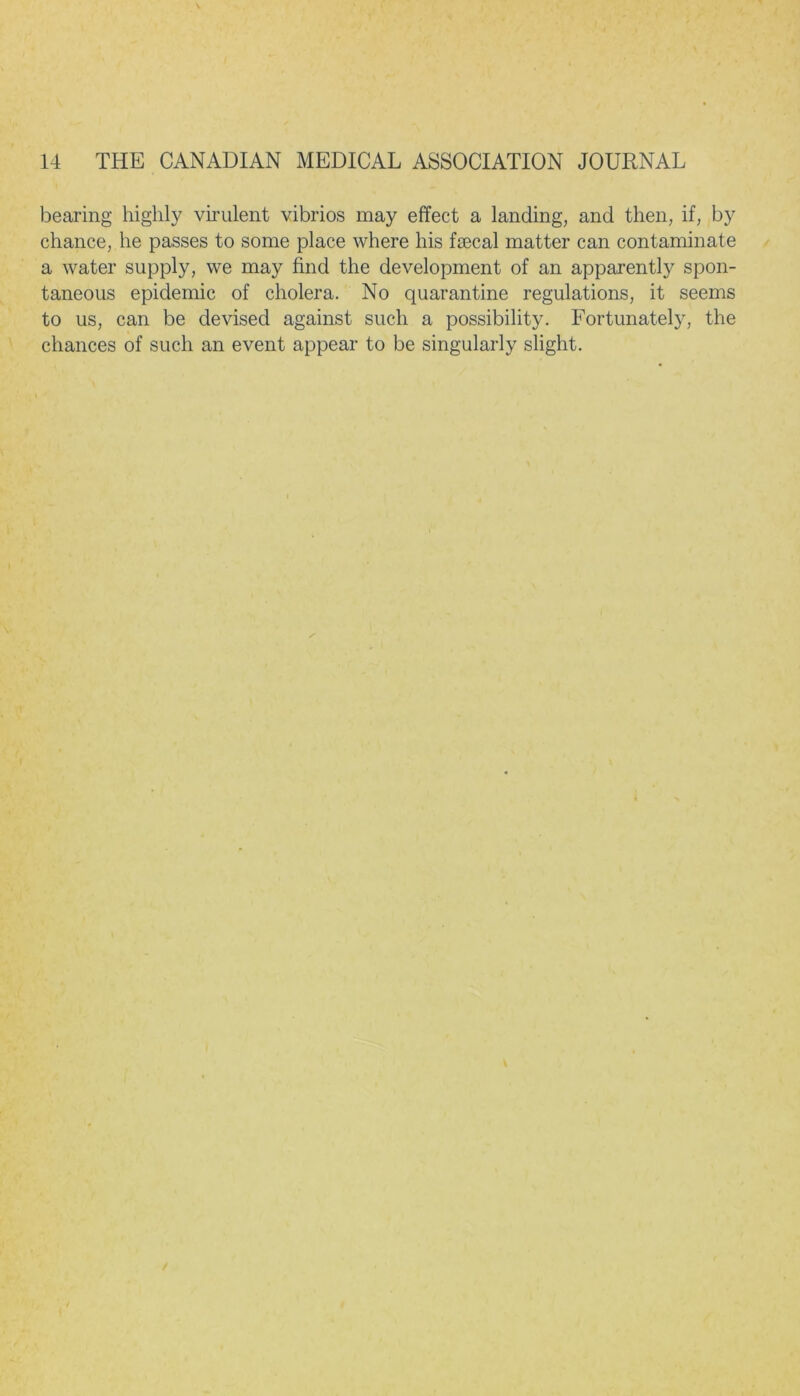 bearing highly virulent vibrios may effect a landing, and then, if, by chance, he passes to some place where his fecal matter can contaminate a water supply, we may find the development of an apparently spon- taneous epidemic of cholera. No quarantine regulations, it seems to us, can be devised against such a possibility. Fortunately, the chances of such an event appear to be singularly slight.