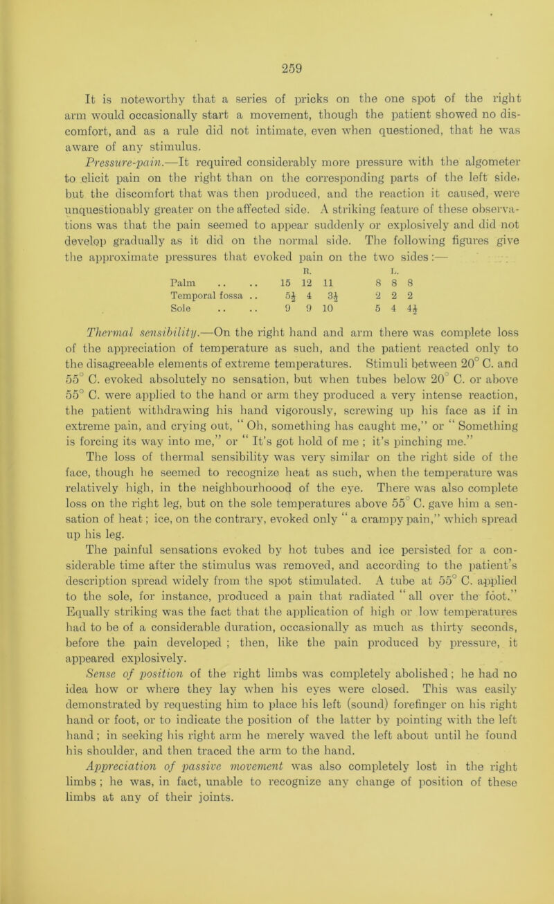 It is noteworthy that a series of pricks on the one spot of the right arm would occasionally start a movement, though the patient showed no dis- comfort, and as a rule did not intimate, even when questioned, that he was aware of any stimulus. Pressure-pain.—It required considerably more pressure with the algometer to elicit pain on the right than on the corresponding parts of the left side, but the discomfort that was then produced, and the reaction it caused, were unquestionably greater on the affected side. A striking feature of these observa- tions was that the pain seemed to appear suddenly or explosively and did not develop gradually as it did on the normal side. The following figures give the approximate pressures that evoked pain on the two sides:— Palm 15 R. 12 11 8 L. 8 8 Temporal fossa .. 4 H 2 2 2 Sole 9 9 10 5 4 4* Thermal sensibility.—On the right hand and arm there was complete loss of the appreciation of temperature as such, and the patient x’eacted only to the disagreeable elements of extreme temperatures. Stimuli between 20J C. and 55 C. evoked absolutely no sensation, but when tubes below 20 C. or above 55° C. were applied to the hand or arm they produced a very intense reaction, the patient withdrawing his hand vigorously, screwing up his face as if in extreme pain, and crying out, “ Oh, something has caught me,” or “ Something is forcing its way into me,” or “ It’s got hold of me ; it’s pinching me.” The loss of thermal sensibility was very similar on the right side of the face, though he seemed to recognize heat as such, when the temperature was relatively high, in the neighbourhoood of the eye. There was also complete loss on the right leg, hut on the sole temperatures above 55 C. gave him a sen- sation of heat; ice, on the contrary, evoked only “ a crampy pain,” which spread up his leg. The painful sensations evoked by hot tubes and ice persisted for a con- siderable time after the stimulus was removed, and according to the patient’s description spread widely from the spot stimulated. A tube at 55° C. applied to the sole, for instance, produced a pain that radiated “all over the foot.” Equally striking was the fact that the application of high or low temperatures had to he of a considerable duration, occasionally as much as thirty seconds, before the pain developed ; then, like the pain produced by pressure, it appeared explosively. Sense of position of the right limbs was completely abolished; lie had no idea how or where they lay when his eyes were closed. This was easily demonstrated by requesting him to place his left (sound) forefinger on his right hand or foot, or to indicate the position of the latter by pointing with the left hand; in seeking his right arm he merely waved the left about until he found his shoulder, and then traced the arm to the hand. Appreciation of passive movement was also completely lost in the right limbs ; he was, in fact, unable to recognize any change of position of these limbs at any of their joints.