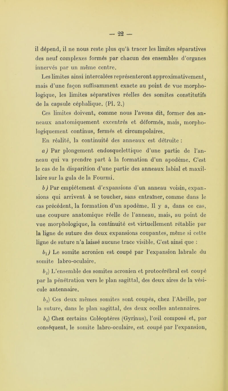 il dépend, il ne nous reste plus qu’à tracer les limites séparatives des neuf complexes formés par chacun des ensembles d’organes innervés par un même centre. Les limites ainsi intercalées représenteront approximativement, mais d’une façon suffisamment exacte au point de vue morpho- logique, les limites séparatives réelles des somites constitutifs de la capsule céphalique. (PI. 2.) Ces limites doivent, comme nous l’avons dit, former des an- neaux anatomiquement excentrés et déformés, mais, morpho- logiquement continus, fermés et circumpolaires. En réalité, la continuité des anneaux est détruite : a) Par plongement endosquelettique d’une partie de l’an- neau qui va prendre part à la formation d’un apodème. C’est le cas de la disparition d’une partie des anneaux labial et maxil- laire sur la gula de la Fourmi. b) Par empiétement d’expansions d’un anneau voisin, expan- sions qui arrivent à se toucher, sans entraîner, comme dans le cas précédent, la formation d’un apodème. Il y a, dans ce cas, une coupure anatomique réelle de l’anneau, mais, au point de vue morphologique, la continuité est virtuellement rétablie par la ligne de suture des deux expansions coupantes, même si cette ligne de suture n’a laissé aucune trace visible. C’est ainsi que : bx) Le somite acronien est coupé par l’expansion labrale du somite labro-oculaire. b2) L’ensemble des somites acronien et protocérébral est coupé par la pénétration vers le plan sagittal, des deux aires de la vési- cule antennaire. à;j) Ces deux mêmes somites sont coupés, chez l’Abeille, par la suture, dans le plan sagittal, des deux ocelles antennaires. b4) Chez certains Coléoptères (Gyrinus), l’œil composé et, par conséquent, le somite labro-oculaire, est coupé par l’expansion,