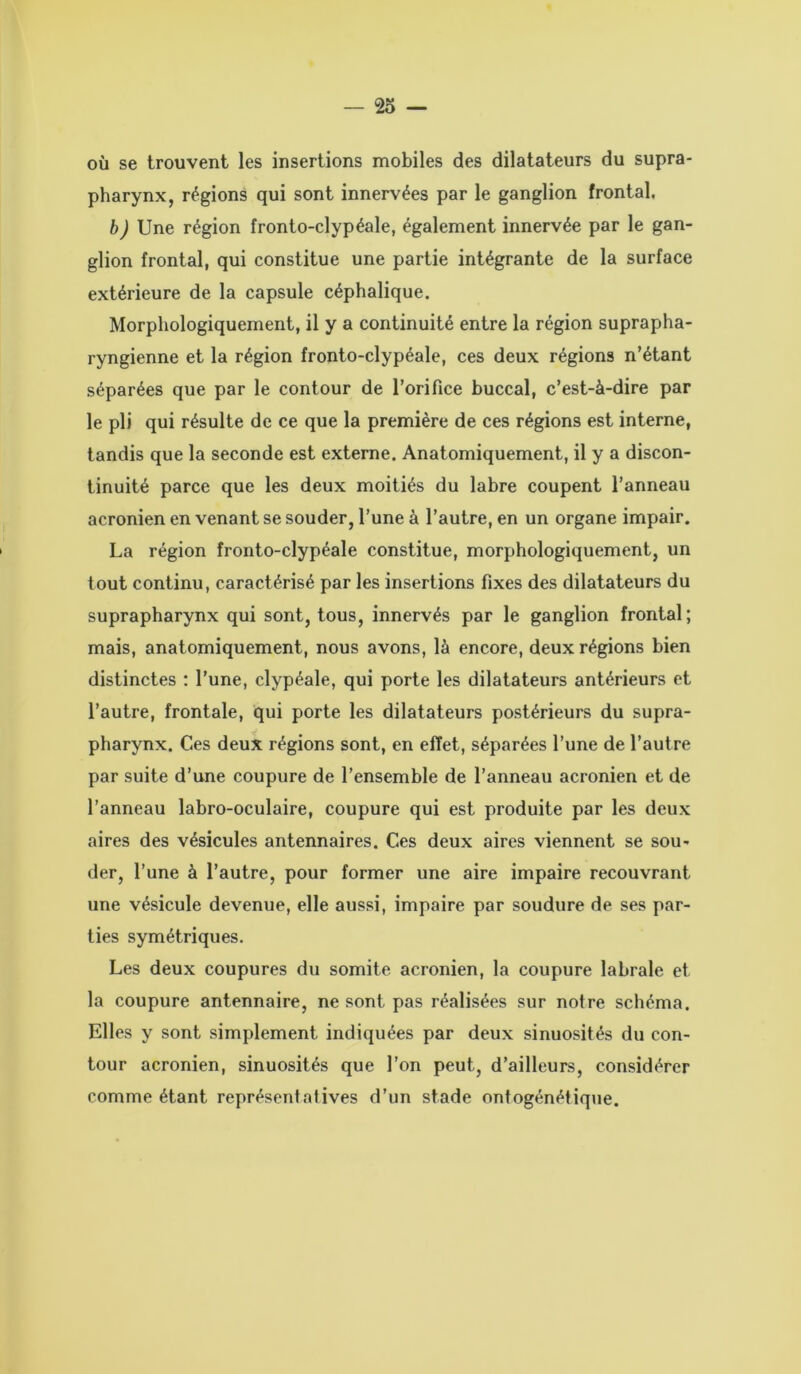 où se trouvent les insertions mobiles des dilatateurs du supra- pharynx, régions qui sont innervées par le ganglion frontal. b) Une région fronto-clypéale, également innervée par le gan- glion frontal, qui constitue une partie intégrante de la surface extérieure de la capsule céphalique. Morphologiquement, il y a continuité entre la région suprapha- ryngienne et la région fronto-clypéale, ces deux régions n’étant séparées que par le contour de l’orifice buccal, c’est-à-dire par le pli qui résulte de ce que la première de ces régions est interne, tandis que la seconde est externe. Anatomiquement, il y a discon- tinuité parce que les deux moitiés du labre coupent l’anneau acronien en venant se souder, l’une à l’autre, en un organe impair. La région fronto-clypéale constitue, morphologiquement, un tout continu, caractérisé par les insertions fixes des dilatateurs du suprapharynx qui sont, tous, innervés par le ganglion frontal; mais, anatomiquement, nous avons, là encore, deux régions bien distinctes : l’une, clypéale, qui porte les dilatateurs antérieurs et l’autre, frontale, qui porte les dilatateurs postérieurs du supra- pharynx. Ces deux régions sont, en effet, séparées l’une de l’autre par suite d’une coupure de l’ensemble de l’anneau acronien et de l’anneau labro-oculaire, coupure qui est produite par les deux aires des vésicules antennaires. Ces deux aires viennent se sou- der, l’une à l’autre, pour former une aire impaire recouvrant une vésicule devenue, elle aussi, impaire par soudure de ses par- ties symétriques. Les deux coupures du somite acronien, la coupure labrale et la coupure antennaire, ne sont pas réalisées sur notre schéma. Elles y sont simplement indiquées par deux sinuosités du con- tour acronien, sinuosités que l’on peut, d’ailleurs, considérer comme étant représentatives d’un stade ontogénétique.