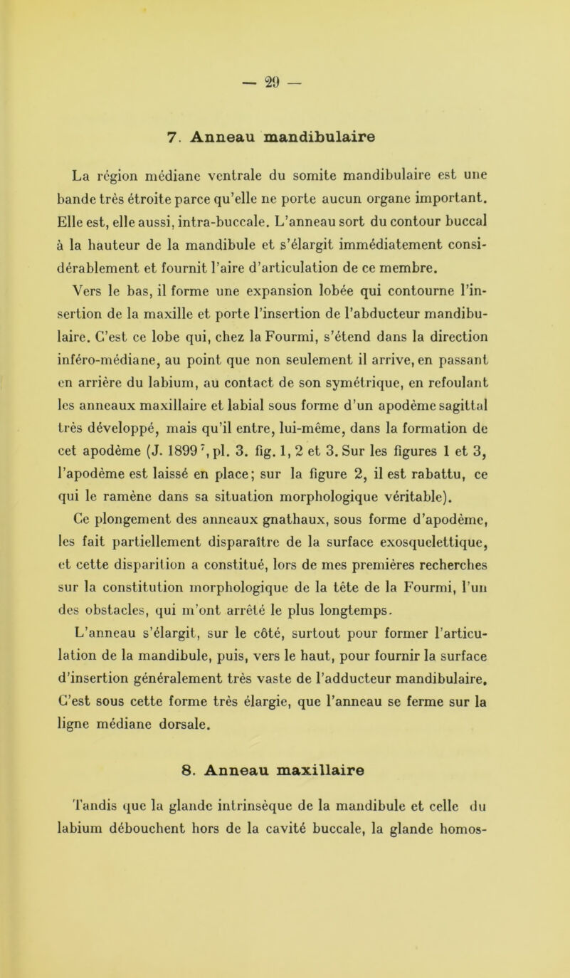 7. Anneau mandibulaire La région médiane ventrale du somite mandibulaire est une bande très étroite parce qu’elle ne porte aucun organe important. Elle est, elle aussi, intra-buccale. L’anneau sort du contour buccal à la hauteur de la mandibule et s’élargit immédiatement consi- dérablement et fournit l’aire d’articulation de ce membre. Vers le bas, il forme une expansion lobée qui contourne l’in- sertion de la maxille et porte l’insertion de l’abducteur mandibu- laire. C’est ce lobe qui, chez la Fourmi, s’étend dans la direction inféro-médiane, au point que non seulement il arrive, en passant en arrière du labium, au contact de son symétrique, en refoulant les anneaux maxillaire et labial sous forme d’un apodème sagittal très développé, mais qu’il entre, lui-même, dans la formation de cet apodème (J. 18997, pl. 3. fig. 1, 2 et 3. Sur les figures 1 et 3, l’apodème est laissé en place; sur la figure 2, il est rabattu, ce qui le ramène dans sa situation morphologique véritable). Ce plongement des anneaux gnathaux, sous forme d'apodème, les fait partiellement disparaître de la surface exosquclettique, et cette disparition a constitué, lors de mes premières recherches sur la constitution morphologique de la tête de la Fourmi, l’un des obstacles, qui m'ont arrêté le plus longtemps. L’anneau s’élargit, sur le côté, surtout pour former l’articu- lation de la mandibule, puis, vers le haut, pour fournir la surface d’insertion généralement très vaste de l’adducteur mandibulaire. C’est sous cette forme très élargie, que l’anneau se ferme sur la ligne médiane dorsale. 8. Anneau maxillaire Tandis que la glande intrinsèque de la mandibule et celle du labium débouchent hors de la cavité buccale, la glande homos-