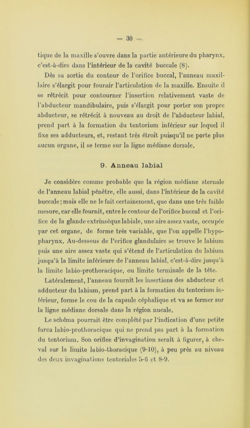 tique de la maxille s’ouvre dans la partie antérieure du pharynx, c’est-à-dire dans l’intérieur de la cavité buccale (8). Dès sa sortie du contour de l’orifice buccal, l’anneau maxil- laire s’élargit pour fournir l’articulation de la maxille. Ensuite il se rétrécit pour contourner l’insertion relativement vaste de l’abducteur mandibulaire, puis s’élargit pour porter son propre abducteur, se rétrécit à nouveau au droit de l’abducteur labial, prend part à la formation du tentorium inférieur sur lequel il fixe ses adducteurs, et, restant très étroit puisqu’il ne porte plus aucun organe, il se ferme sur la ligne médiane dorsale. 9. Anneau labial Je considère comme probable que la région médiane sternale de l’anneau labial pénètre, elle aussi, dans l’intérieur de la cavité buccale ; mais elle ne le fait certainement, que dans une très faible mesure, car elle fournit, entre le contour de l’orifice buccal et l’ori- fice de la glande extrinsèque labiale, une aire assez vaste, occupée par cet organe, de forme très variable, que l’on appelle l’hypo- pharynx. Au-dessous de l’orifice glandulaire se trouve le labium puis une aire assez vaste qui s’étend de l’articulation du labium jusqu’à la limite inférieure de l’anneau labial, c’est-à-dire jusqu’à la limite labio-prothoracique, ou limite terminale de la tête. Latéralement, l’anneau fournit les insertions des abducteur et adducteur du labium, prend part à la formation du tentorium in- férieur, forme le cou de la capsule céphalique et va se fermer sur la ligne médiane dorsale dans la région nucale. Le schéma pourrait être complété par l’indication d’une petite furca labio-prothoracique qui ne prend pas part à la formation du tentorium. Son orifice d’invagination serait à figurer, à che- val sur la limite la bio-thoracique (9-10), à peu près au niveau des deux invaginations tcntoriales 5-6 et 8-9.