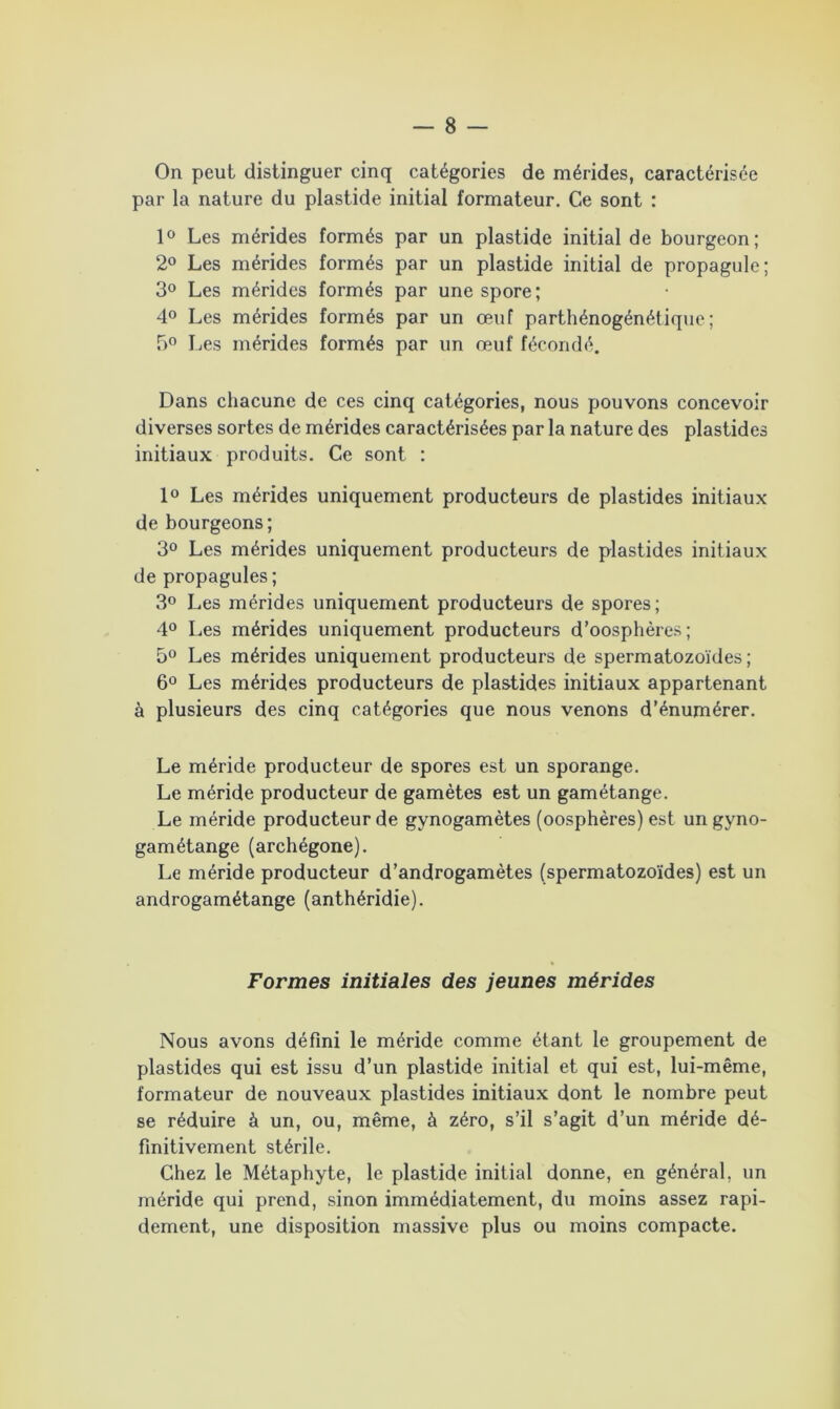 On peut distinguer cinq catégories de mérides, caractérisée par la nature du plastide initial formateur. Ce sont : 1° Les mérides formés par un plastide initial de bourgeon; 2° Les mérides formés par un plastide initial de propagule; 3° Les mérides formés par une spore; 4° Les mérides formés par un œuf parthénogénétique ; 5° Les mérides formés par un œuf fécondé. Dans chacune de ces cinq catégories, nous pouvons concevoir diverses sortes de mérides caractérisées par la nature des plastides initiaux produits. Ce sont : 1° Les mérides uniquement producteurs de plastides initiaux de bourgeons; 3° Les mérides uniquement producteurs de plastides initiaux de propagules ; 3° Les mérides uniquement producteurs de spores; 4° Les mérides uniquement producteurs d’oosphères; 5° Les mérides uniquement producteurs de spermatozoïdes; 6° Les mérides producteurs de plastides initiaux appartenant à plusieurs des cinq catégories que nous venons d’énumérer. Le méride producteur de spores est un sporange. Le méride producteur de gamètes est un gamétange. Le méride producteur de gynogamètes (oosphères) est un gyno- gamétange (archégone). Le méride producteur d’androgamètes (spermatozoïdes) est un androgamétange (anthéridie). Formes initiales des jeunes mérides Nous avons défini le méride comme étant le groupement de plastides qui est issu d’un plastide initial et qui est, lui-même, formateur de nouveaux plastides initiaux dont le nombre peut se réduire à un, ou, même, à zéro, s’il s’agit d’un méride dé- finitivement stérile. Chez le Métaphyte, le plastide initial donne, en général, un méride qui prend, sinon immédiatement, du moins assez rapi- dement, une disposition massive plus ou moins compacte.