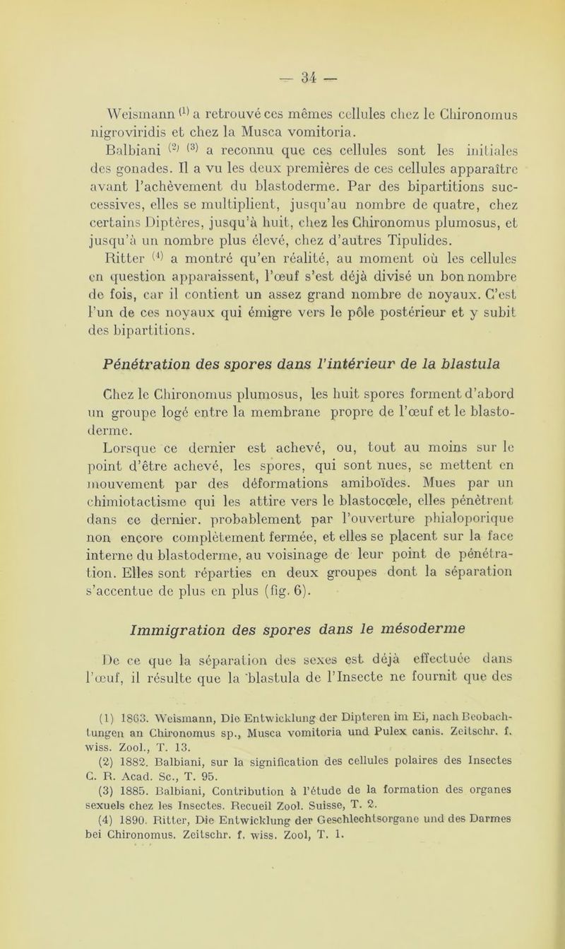 Weismann d) a retrouvé ces mêmes cellules chez le Cliironomus nigroviridis et chez la Musca vomitoria. Balbiani & (3) a reconnu que ces cellules sont les initiales des gonades. Il a vu les deux premières de ces cellules apparaître avant l’achèvement du blastoderme. Par des bipartitions suc- cessives, elles se multiplient, jusqu’au nombre de quatre, chez certains Diptères, jusqu’à huit, chez les Cliironomus plumosus, et jusqu’à un nombre plus élevé, chez d’autres Tipulides. Ritter (1 2 3 4) a montré qu’en réalité, au moment où les cellules en question apparaissent, l’œuf s’est déjà divisé un bon nombre de fois, car il contient un assez grand nombre de noyaux. C’est l’un de ces noyaux qui émigre vers le pôle postérieur et y subit des bipartitions. Pénétration des spores dans l’intérieur de la blastula Chez le Cliironomus plumosus, les huit spores forment d’abord un groupe logé entre la membrane propre de l’œuf et le blasto- derme. Lorsque ce dernier est achevé, ou, tout au moins sur le point d’être achevé, les spores, qui sont nues, se mettent en mouvement par des déformations amiboïdes. Mues par un chimiotactisme qui les attire vers le blastocœle, elles pénètrent dans ce dernier, probablement par l’ouverture phialoporique non encore complètement fermée, et elles se placent sur la face interne du blastoderme, au voisinage de leur point de pénétra- tion. Elles sont réparties en deux groupes dont la séparation s’accentue de plus en plus (fig. 6). Immigration des spores dans le mésoderme De ce que la séparation des sexes est déjà effectuée dans l’œuf, il résulte que la 'blastula de l’Insecte ne fournit que des (1) 1863. Weismann, Die Entwicklung der Dipteren im Ei, nacli Beobach- lungen an Chironomus sp., Musca vomitoria und Pulex canis. Zeîtschr. f. wiss. Zool., T. 13. (2) 1882. Balbiani, sur la signification des cellules polaires des Insectes G. R. Acad. Sc., T. 95. (3) 1885. Balbiani, Contribution à l’étude de la formation des organes sexuels chez les Insectes. Recueil Zool. Suisse, T. 2. (4) 1890. Ritter, Die Entwicklung der Geschlcchtsorgane und des Darmes bei Chironomus. Zeitschr. f. wiss. Zool, T. 1.