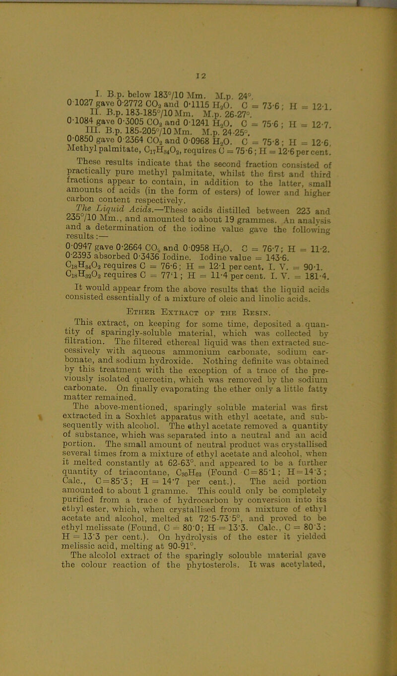 t I. B.p. below 183°/10 Mm. M.p 24° 0 1027 gavo 0-2772 C02 and 0-1115 H,0. C = 73 6 • H = 12-1 II. B.p. 183-185°/10Mm. M.p. 26-27° 0 1084 gave 0-3005 C02 and 01241 H„0. C = 75-6 ; H = 12-7 III. B.p. 185-205°/10 Mm. M.p. 24-25°. 0-0850 gave 0 2364 CO., and 0 0968 H.,0. C = 75-8 • H = 12-6 Methyl palmitate, C^H^Oa, requires C = 75-6; H = 12-6 per cent! These r-esults indicate that the second fraction consisted of practically pure methyl palmitate, whilst the first and third fractions appear to contain, in addition to the latter, small amounts of acids (in the form of esters) of lower and higher carbon content respectively. The Liquid Acids.—These acids distilled between 223 and 235 /10 Mm., and amounted to about 19 grammes. An analysis and a determination of the iodine value gave the following results:— 0-0947 gave 0-2664 CO., and 0 0958 H.20. C = 76-7; H = 11-2. 0-2393 absorbed 0 3436' Iodine. Iodine value = 143-6. C18H34O2 requires C = 76-6; H = 12-1 percent. I. V. = 90-1. O18H32O2 requires C = 77‘1; H = 11-4 percent. I. V. = 181-4. It would appear from the above results that the liquid acids consisted essentially of a mixture of oleic and linolic acids. Ether Extract of the Resin. This extract, on keeping for some time, deposited a quan- tity of sparingly-soluble material, which was collected by filtration. The filtered ethereal liquid was then extracted suc- cessively with aqueous ammonium carbonate, sodium car- bonate, and sodium hydroxide. Nothing definite was obtained by this treatment with the exception of a trace of the pre- viously isolated quercetin, which was removed by the sodium carbonate. On finally evaporating the ether only a little fatty matter remained. The above-mentioned, sparingly soluble material was first extracted in a Soxhlet apparatus with ethyl acetate, and sub- sequently with alcohol. The ethyl acetate removed a quantity of substance, which was separated into a neutral and an acid portion. The small amount of neutral product was crystallised several times from a mixture of ethyl acetate and alcohol, when it melted constantly at 62-63°. and appeared to be a further quantity of triacontane, CsoHea (Pound C = 85'l; H = 14’3; Calc., C = 85‘3; H = 14'7 per cent.). The acid portion amounted to about 1 gramme. This could only be completely purified from a trace of hydrocarbon by conversion into its etbyl ester, which, when crystallised from a mixture of ethyl acetate and alcohol, melted at 72'5-73'5°, and proved to be ethyl melissate (Found, C = 80 0; H = 13'3. Calc., C = 80'3 ; H = 13'3 per cent.). On hydrolysis of the ester it yielded melissic acid, melting at 90-91°. The alcolol extract of the sparingly solouble material gave the colour reaction of the phytosterols. It was acetylated.