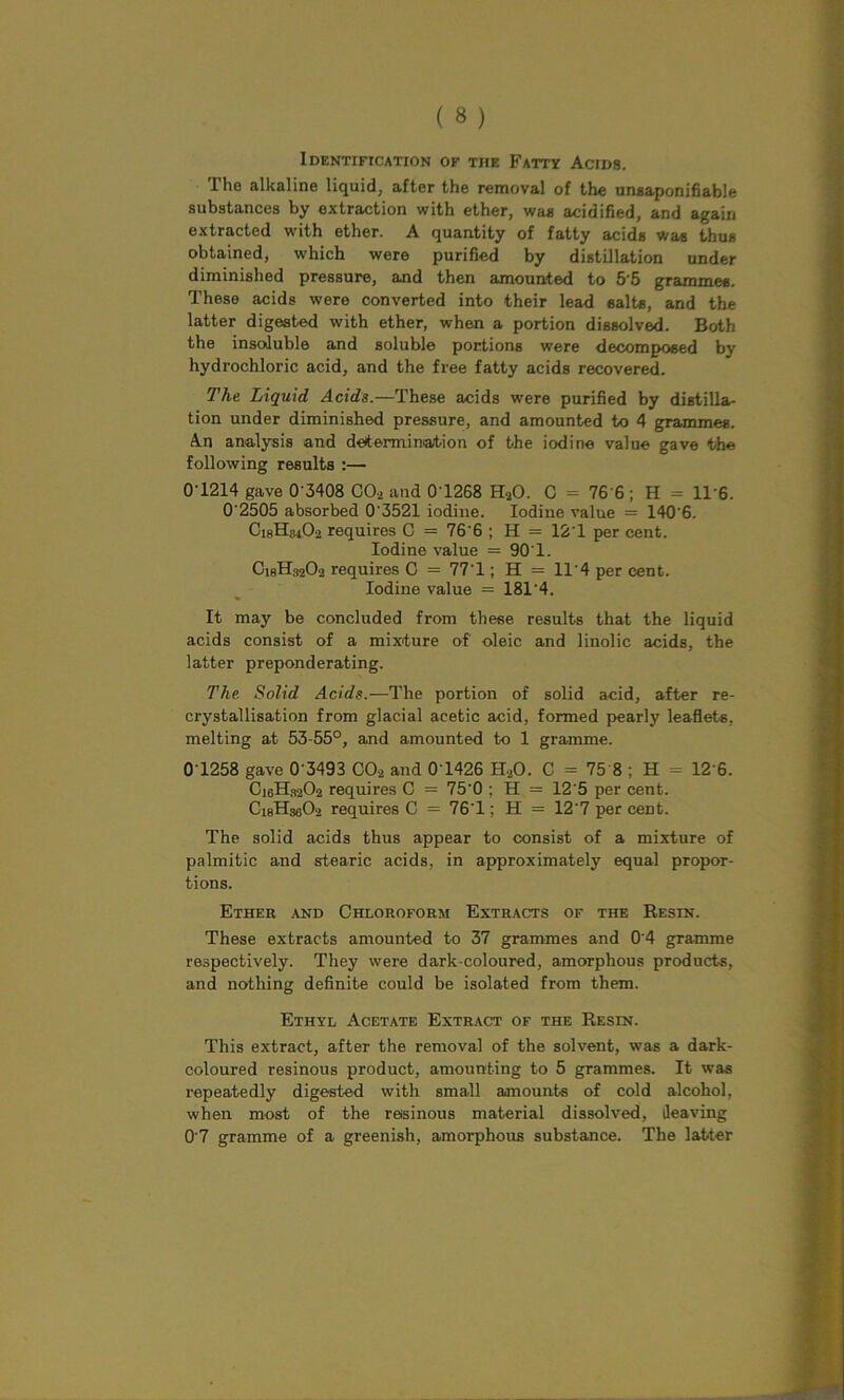 The alkaline liquid, after the removal of the unsaponifiable substances by extraction with ether, was acidified, and again extracted with ether. A quantity of fatty acids was thus obtained, which were purified by distillation under diminished pressure, and then amounted to 5'5 grammes. These acids were converted into their lead salts, and the latter digested with ether, when a portion dissolved. Both the insoluble and soluble portions were decomposed by hydrochloric acid, and the free fatty acids recovered. The Liquid Acids.—These acids were purified by distilla- tion under diminished pressure, and amounted to 4 grammes. An analysis and determination of the iodine value gave the following results :— 0T214 gave 0 3408 C02 and 0T268 H20. C = 76 6 ; H = 1T6. 0'2505 absorbed 0 3521 iodine. Iodine value = 140’6. CigHsiOa requires C = 76'6 ; H = 12T per cent. Iodine value = 90T. C18H32O2 requires C = 77T ; H = 114 per cent. Iodine value = 18T4. It may be concluded from these results that the liquid acids consist of a mixture of' oleic and linolic acids, the latter preponderating. The Solid Acids.—The portion of solid acid, after re- crystallisation from glacial acetic acid, formed pearly leaflets, melting at 53-55°, and amounted to 1 gramme. 0T258 gave 0 3493 C02 and 0T426 H20. C = 75 8 ; H = 12 6. Ci6H8202 requires C = 75’0 ; H = 12'5 per cent. CieHsaO-j requires C = 76'1; H = 12'7 per cent. The solid acids thus appear to consist of a mixture of palmitic and stearic acids, in approximately equal propor- tions. Ether and Chloroform Extracts of the Resin. These extracts amounted to 37 grammes and 0'4 gramme respectively. They were dark-coloured, amorphous products, and nothing definite could be isolated from them. Ethyl Acetate Extract of the Resin. This extract, after the removal of the solvent, was a dark- coloured resinous product, amounting to 5 grammes. It was repeatedly digested with small amounts of cold alcohol, when most of the resinous material dissolved, ileaving 0'7 gramme of a greenish, amorphous substance. The latter