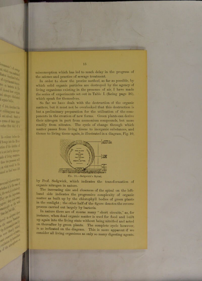 misconception which lias led to much delay in the progress of the science and practice of sewage treatment. In order to show the precise method, as far as possible, by which solid organic particles are destroyed by the agency of living organisms existing in the presence of air, I have made the series of experiments set out in Table I. (facing page 1(5), which speak for themselves. So far we have dealt with the destruction of the organic matters, but it must not be overlooked that this destruction is but a preliminary preparation for the utilisation of the com- ponents in the creation of new forms. Green plants can derive their nitrogen in part from ammonium compounds, but more readily from nitrates. The cycle of change through which matter passes from living tissue to inorganic substances, and thence to living tissue again, is illustrated in a diagram, Fig. 10, by Prof. Sedgwick, which indicates the transformation of organic nitrogen in nature. The increasing size and closeness of the spiral on the left- hand side indicates the progressive complexity of organic matter as built up by the chlorophyll bodies of green plants in the sunlight; the other half of the figure denotes the reverse process carried out largely by bacteria. In nature there are of course many “short circuits,” as, for instance, when dead organic matter is used for food and built up again into the living state without being nitrified and acted on thereafter by green plants. The complete cycle however, is as indicated on the diagram. This is more apparent if we consider all living organisms as only so many digesting agents.