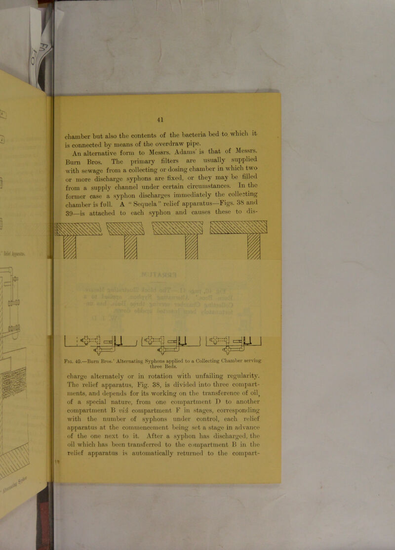 w—> ■■■ X *1 41 chamber but also the contents of the bacteria bed to which it is connected by means of the overdraw pipe. An alternative form to Messrs. Adams’ is that of Messrs. Bum Bros. The primary filters are usually supplied with sewage from a collecting or dosing chamber in u liich two or more discharge syphons are fixed, or they may be filled from a supply channel under certain circumstances. In the former case a syphon discharges immediately the collecting chamber is full. A “ Sequela” relief apparatus—Figs. 38 and 39—is attached to each syphon and causes these to dis- Fig. 40.—Burn Bros.’ Alternating Syphons applied to a Collecting Chamber serving three Beds. charge alternately or in rotation with unfailing regularity. The relief apparatus, Fig. 38, is divided into three compart- ments, and depends for its working on the transference of oil, of a special nature, from one compartment 1) to another compartment B vid compartment F in stages, corresponding with the number of syphons under conti’ol, each relief apparatus at the commencement being set a stage in advance of the one next to it. After a syphon has discharged, the oil which has been transferred to the compartment B in the relief apparatus is automatically returned to the compact- ly
