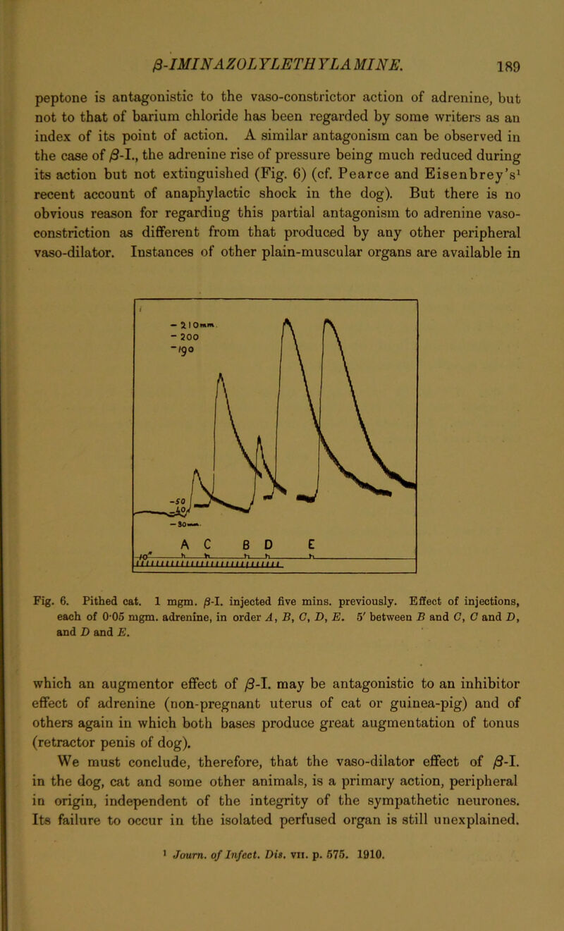 peptone is antagonistic to the vaso-constrictor action of adrenine, but not to that of barium chloride has been regarded by some writers as an index of its point of action. A similar antagonism can be observed in the case of £-L, the adrenine rise of pressure being much reduced during its action but not extinguished (Fig. 6) (cf. Pearce and Eisenbrey’s1 recent account of anaphylactic shock in the dog). But there is no obvious reason for regarding this partial antagonism to adrenine vaso- constriction as different from that produced by any other peripheral vaso-dilator. Instances of other plain-muscular organs are available in Fig. 6. Pithed cat. 1 mgm. /9-I. injected five mins, previously. Effect of injections, each of 0-05 mgm. adrenine, in order A, B, C, D, E. 5' between B and G, C and D, and D and E. which an augmentor effect of /3-I. may be antagonistic to an inhibitor effect of adrenine (non-pregnant uterus of cat or guinea-pig) and of others again in which both bases produce great augmentation of tonus (retractor penis of dog). We must conclude, therefore, that the vaso-dilator effect of /S-I. in the dog, cat and some other animals, is a primary action, peripheral in origin, independent of the integrity of the sympathetic neurones. Its failure to occur in the isolated perfused organ is still unexplained. 1 Joum. of Infect. Dis. vii. p. 575. 1910.