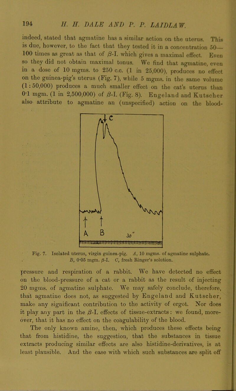 indeed, stated that agmatine has a similar action on the uterus. This is due, however, to the fact that they tested it in a concentration 50— 100 times as great as that of 0-1. which gives a maximal effect. Even so they did not obtain maximal tonus. We find that agmatine, even in a dose of 10 mgms. to 250 c.c. (1 in 25,000), produces no effect on the guinea-pigs uterus (Fig. 7), while 5 mgms. in the same volume (1:50,000) produces a much smaller effect on the cat’s uterus than 0'1 mgm. (1 in 2,500,000) of 0-1. (Fig. 8). Engeland and Kutscher also attribute to agmatine an (unspecified) action on the blood- Fig. 7. Isolated uterus, virgin guinea-pig. A, 10 mgms. of agmatine sulphate. B, 0-05 mgm. /3-I. C, fresh Ringer’s solution. pressure and respiration of a rabbit. We have detected no effect on the blood-pressure of a cat or a rabbit as the result of injecting 20 mgms. of agmatine sulphate. We may safely conclude, therefore, that agmatine does not, as suggested by Engeland and Kutscher, make any significant contribution to the activity of ergot. Nor does it play any part in the 0-1. effects of tissue-extracts: we found, more- over, that it has no effect on the coagulability of the blood. The only known amine, then, which produces these effects being that from histidine, the suggestion, that the substances in tissue extracts producing similar effects are also histidine-derivatives, is at least plausible. And the ease with which such substauces are split off