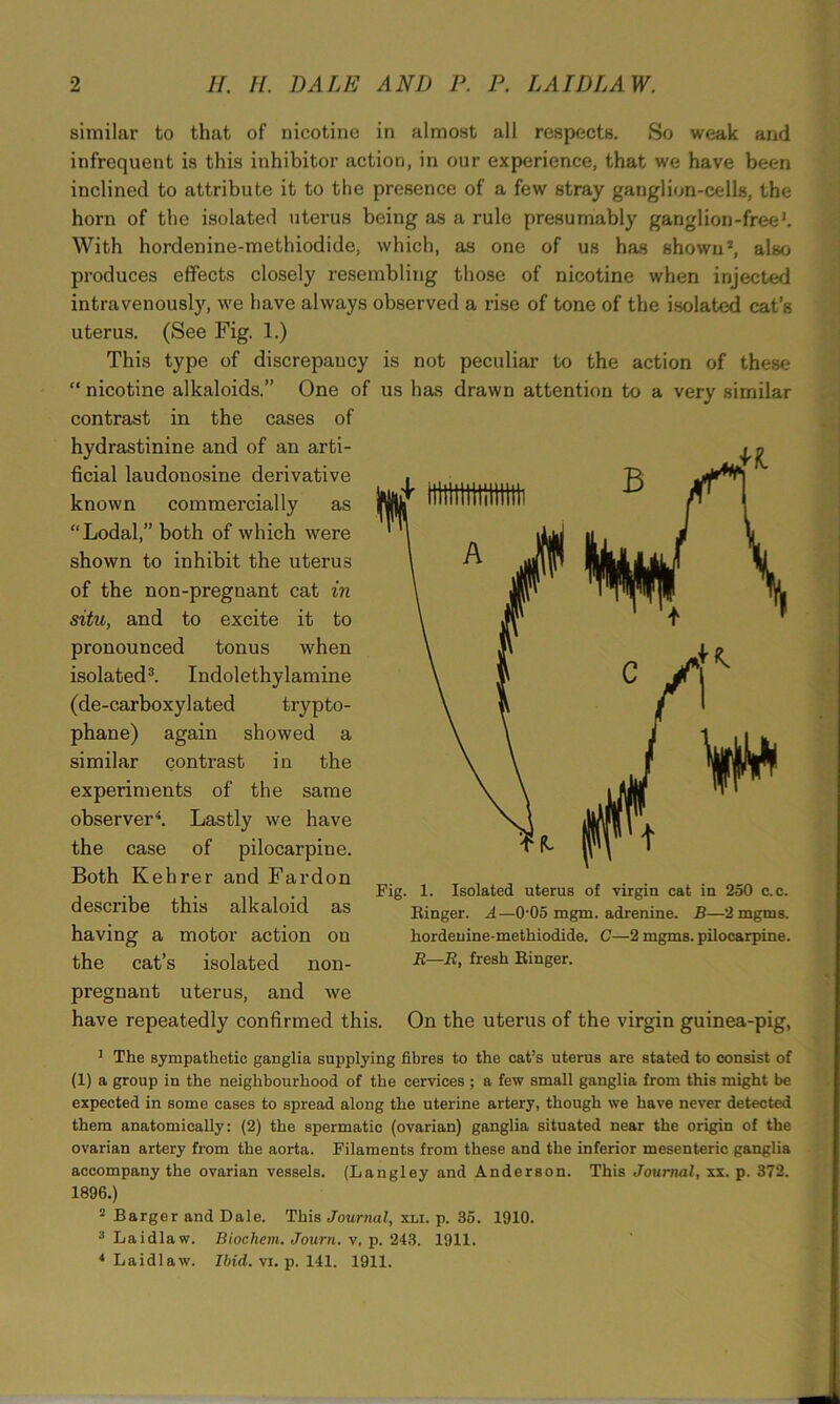 similar to that of nicotine in almost all respects. So weak and infrequent is this inhibitor action, in our experience, that we have been inclined to attribute it to the presence of a few stray ganglion-cells, the horn of the isolated uterus being as a rule presumably ganglion-free*. With hordenine-methiodide, which, as one of us has shown2, also produces effects closely resembling those of nicotine when injected intravenously, we have always observed a rise of tone of the isolated cat’s uterus. (See Fig. 1.) This type of discrepancy is not peculiar to the action of these “ nicotine alkaloids.” One of us has drawn attention to a very similar contrast in the cases of hydrastinine and of an arti- ficial laudonosine derivative known commercially as “Lodal,” both of which were shown to inhibit the uterus of the non-pregnant cat in situ, and to excite it to pronounced tonus when isolated3. Indolethylamine (de-carboxylated trypto- phane) again showed a similar contrast in the experiments of the same observer4. Lastly we have the case of pilocarpine. Both Kehrer and Fardon describe this alkaloid as having a motor action on the cat’s isolated non- pregnant uterus, and we have repeatedly confirmed this. On the uterus of the virgin guinea-pig, 1 The sympathetic ganglia supplying fibres to the cat’s uterus are stated to consist of (1) a group in the neighbourhood of the cervices ; a few small ganglia from this might be expected in some cases to spread along the uterine artery, though we have never detected them anatomically: (2) the spermatic (ovarian) ganglia situated near the origin of the ovarian artery from the aorta. Filaments from these and the inferior mesenteric ganglia accompany the ovarian vessels. (Langley and Anderson. This Journal, xx. p. 372. 1896.) 2 Barger and Dale. This Journal, xli. p. 35. 1910. 3 Laidlaw. Biochem. Journ. v, p. 243. 1911. 4 Laidlaw. Ibid. vi. p. 141. 1911. Fig. 1. Isolated uterus of virgin cat in 250 c.c. Ringer. A— 0-05 mgm. adrenine. B—2mgms. hordenine-methiodide. G—2 mgms. pilocarpine. R—R, fresh Ringer.