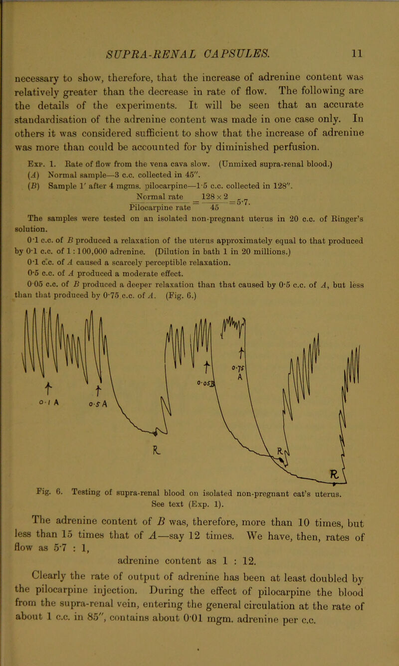 necessary to show, therefore, that the increase of adreriiue content was relatively greater than the decrease in rate of flow. The following are the details of the experiments. It will be seen that an accurate standardisation of the adrenine content was made in one case only. In others it was considered sufficient to show that the increase of adrenine was more than could be accounted for by diminished perfusion. Exp. 1. Eate of flow from the vena cava slow. (Unmixed supra-renal blood.) (A) Normal sample—3 c.c. collected in 45. (B) Sample 1' after 4 mgms. pilocarpine—15 c.c. collected in 128. Normal rate _ 128 x 2 _ ^ Pilocarpine rate 45 The samples were tested on an isolated non-pregnant uterus in 20 c.c. of Ringer’s solution. 0T c.c. of B produced a relaxation of the uterus approximately equal to that produced by 0-1 c.c. of 1:100,000 adrenine. (Dilution in bath 1 in 20 millions.) 0T c.c. of A caused a scarcely perceptible relaxation. 0-5 c.c. of A produced a moderate effect. 0 05 c.c. of B produced a deeper relaxation than that caused by 0-5 c.c. of A, but less than that produced by 0-75 c.c. of A. (Fig. 6.) Fig. 6. Testing of supra-renal blood on isolated non-pregnant cat’s uterus. See text (Exp. 1). The adrenine content of B was, therefore, more than 10 times, but less than 15 times that of A—say 12 times. We have, then, rates of flow as 5’7 : 1, adrenine content as 1 : 12. Clearly the rate of output of adrenine has been at least doubled by the pilocarpine injection. During the effect of pilocarpine the blood from the supra-renal vein, entering the general circulation at the rate of about 1 c.c. in 85, contains about 0 01 mgm. adrenine per c.c.