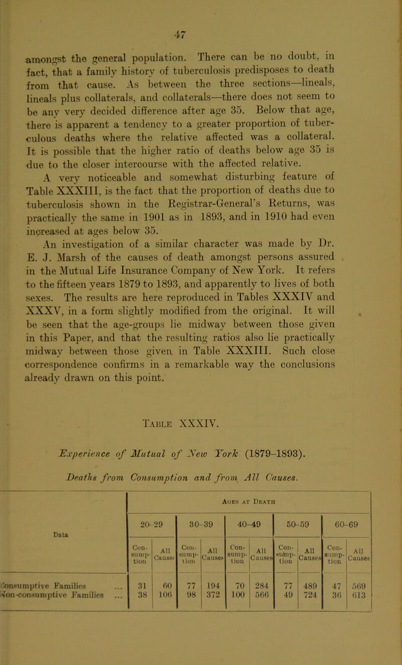 amongst the general population. There can be no doubt, in fact, that a family history of tuberculosis predisposes to death from that cause. As between the three sections—lineals, lineals plus collaterals, and collaterals—there does not seem to be any very decided difference after age 35. Below that age, there is apparent a tendency to a greater proportion of tuber- culous deaths where the relative affected was a collateral. It is possible that the higher ratio of deaths below age 35 is due to the closer intercourse with the affected relative. A very noticeable and somewhat disturbing feature of Table XXXIII, is the fact that the proportion of deaths due to tuberculosis shown in the Registrar-General's Returns, was practically the same in 1901 as in 1893, and in 1910 had even increased at ages below 35. An investigation of a similar character was made by Dr. E. J. Marsh of the causes of death amongst persons assured in the Mutual Life Insurance Company of New York. It refers to the fifteen years 1879 to 1893, and apparently to lives of both sexes. The results are here reproduced in Tables XXXIV and XXXV, in a form slightly modified from the original. It will be seen that the age-groups lie midway between those given in this Paper, and that the resulting ratios also lie practically midway between those given in Table XXXIII. Such close correspondence confirms in a remarkable way the conclusions already drawn on this point. Table XXXIV. Experience of Mutual of New York (1879-1893). Deaths from Consumption and from All Causes. Ages at Death 20- 29 30- 39 40- -49 50-59 60-69 Data Con- All Con- All Con- All Con- All Con- All sump- tion Causer sump- tion Causer sump- tion Causes xtrtnp- tion Causes sump- tion Causer Consumptive Families 31 60 77 194 70 284 77 489 47 569 son-consumptive Families 38 106 98 372 100 566 49 724 3(5 613