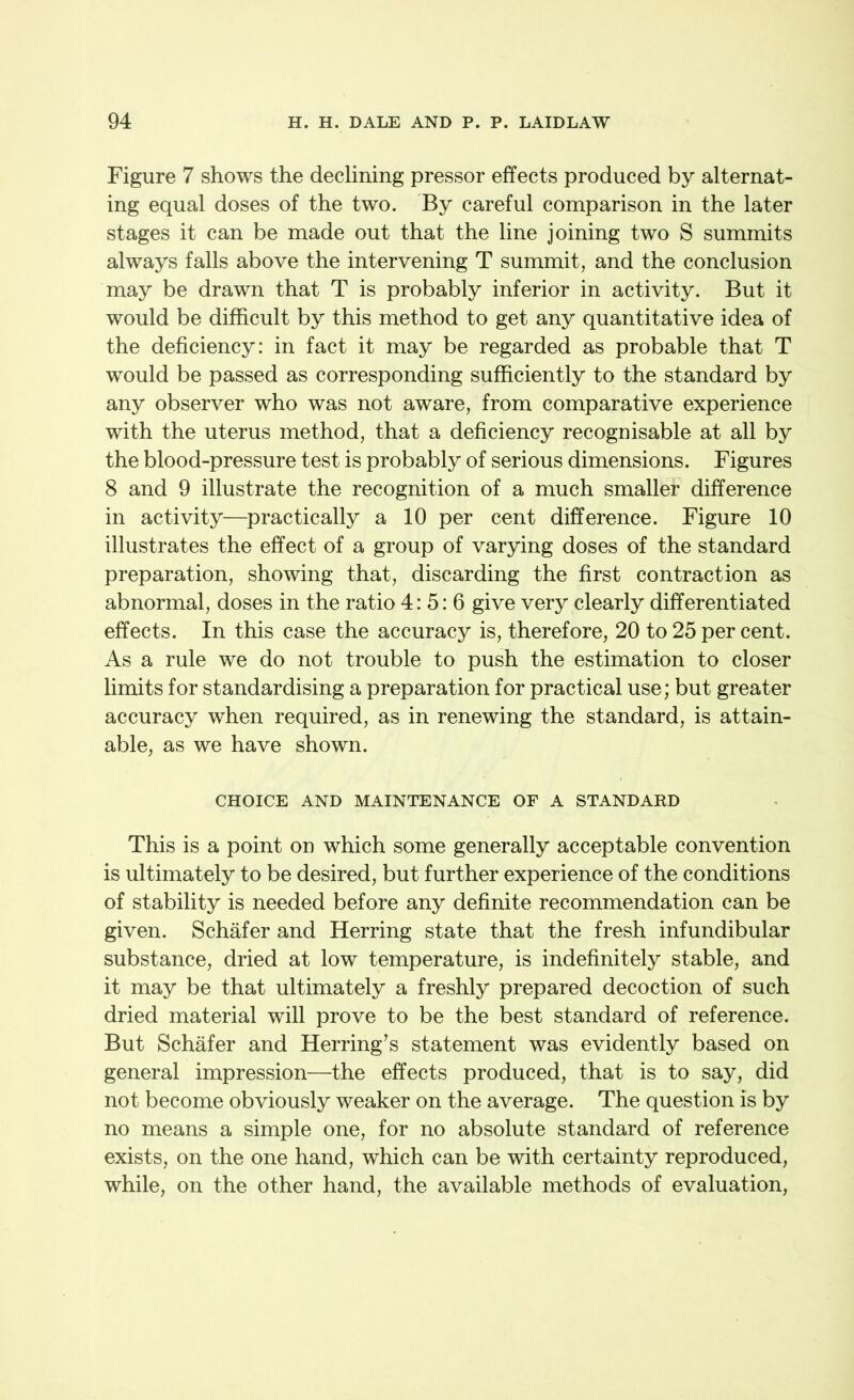 Figure 7 shows the declining pressor effects produced by alternat- ing equal doses of the two. By careful comparison in the later stages it can be made out that the line joining two S summits always falls above the intervening T summit, and the conclusion may be drawn that T is probably inferior in activity. But it would be difficult by this method to get any quantitative idea of the deficiency: in fact it may be regarded as probable that T would be passed as corresponding sufficiently to the standard by any observer who was not aware, from comparative experience with the uterus method, that a deficiency recognisable at all by the blood-pressure test is probably of serious dimensions. Figures 8 and 9 illustrate the recognition of a much smaller difference in activity—practically a 10 per cent difference. Figure 10 illustrates the effect of a group of varying doses of the standard preparation, showing that, discarding the first contraction as abnormal, doses in the ratio 4: 5: 6 give very clearly differentiated effects. In this case the accuracy is, therefore, 20 to 25 per cent. As a rule we do not trouble to push the estimation to closer limits for standardising a preparation for practical use; but greater accuracy when required, as in renewing the standard, is attain- able, as we have shown. CHOICE AND MAINTENANCE OF A STANDARD This is a point on which some generally acceptable convention is ultimately to be desired, but further experience of the conditions of stability is needed before any definite recommendation can be given. Schafer and Herring state that the fresh infundibular substance, dried at low temperature, is indefinitely stable, and it may be that ultimately a freshly prepared decoction of such dried material will prove to be the best standard of reference. But Schafer and Herring's statement was evidently based on general impression—the effects produced, that is to say, did not become obviously weaker on the average. The question is by no means a simple one, for no absolute standard of reference exists, on the one hand, which can be with certainty reproduced, while, on the other hand, the available methods of evaluation,