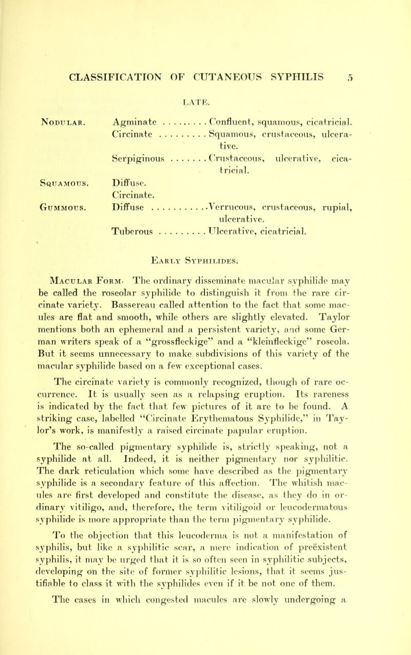 LATE. Nodular. Agminate Circinate tive. Serpiginous . . . . . . . Crustaceous, ulcerative, cica- tricial. Squamous. Diffuse. Circinate. Gummous. Diffuse ulcerative. Tuberous Early Syphilides. Macular Form. The ordinary disseminate macular syphilide may be called the roseolar syphilide to distinguish it from the rare cir- cinate variety. Bassereau called attention to the fact that some mac- ules are flat and smooth, while others are slightly elevated. Taylor mentions both an ephemeral and a persistent variety, and some Ger- man writers speak of a “grossfleckige” and a “kleinfleckige” roseola. But it seems unnecessary to make subdivisions of this variety of the macular syphilide based on a few exceptional cases. The circinate variety is commonly recognized, though of rare oc- currence. It is usually seen as a relapsing eruption. Its rareness is indicated by the fact that few pictures of it are to be found. A striking case, labelled “Circinate Erythematous Syphilide,” in Tay- lor’s work, is manifestly a raised circinate papular eruption. The so-called pigmentary syphilide is, strictly speaking, not a syphilide at all. Indeed, it is neither pigmentary nor syphilitic. The dark reticulation which some have described as the pigmentary syphilide is a secondary feature of this affection. The whitish mac- ules are first developed and constitute the disease, as they do in or- dinary vitiligo, and, therefore, the term vitiligoid or leucodermatous syphilide is more appropriate than the term pigmentary syphilide. To the objection that this leucoderma is not a manifestation of syphilis, but like a syphilitic scar, a mere indication of preexistent syphilis, it may be urged that it is so often seen in syphilitic subjects, developing on the site of former syphilitic lesions, that it seems jus- tifiable to class it with the syphilides even if it be not one of them. The cases in which congested macules are slowly undergoing a