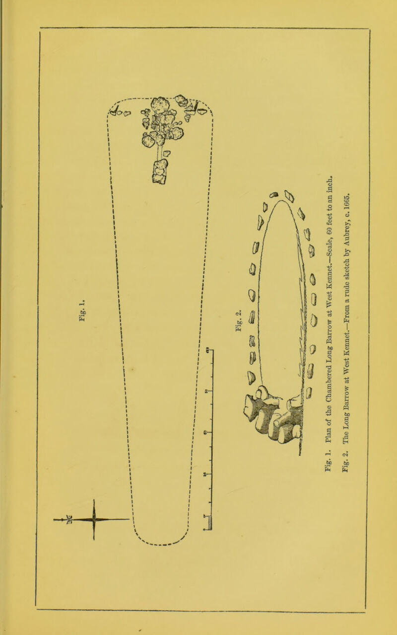 Fig. 2. Tlic Long Barrow at West Kennet.—From a rude sketch by Aubrey, c. 1GG5.