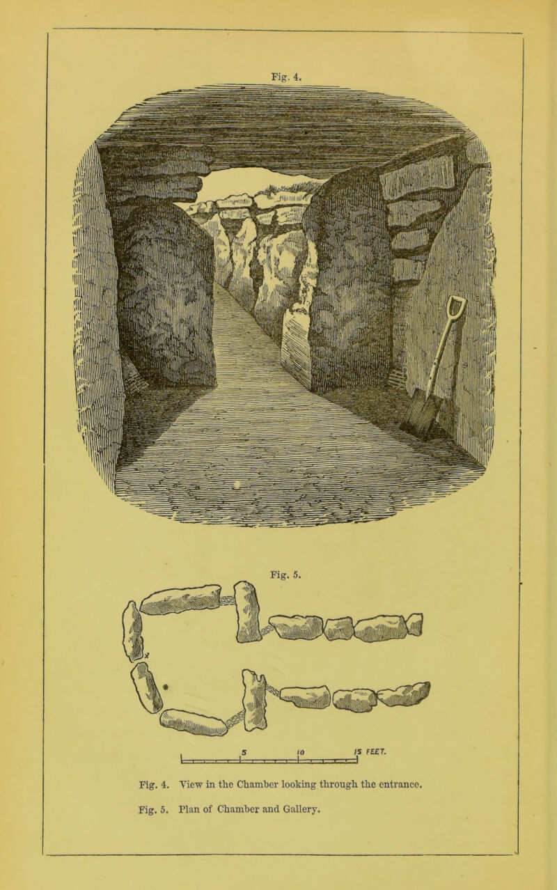 5 10 IS FEET. I L-. i ■ l—1. J-l I I I =I=3=3=J Fig. 4. View in the Chamber looking through the entrance. Fig. 5. Plan of Chamber and Gallery.