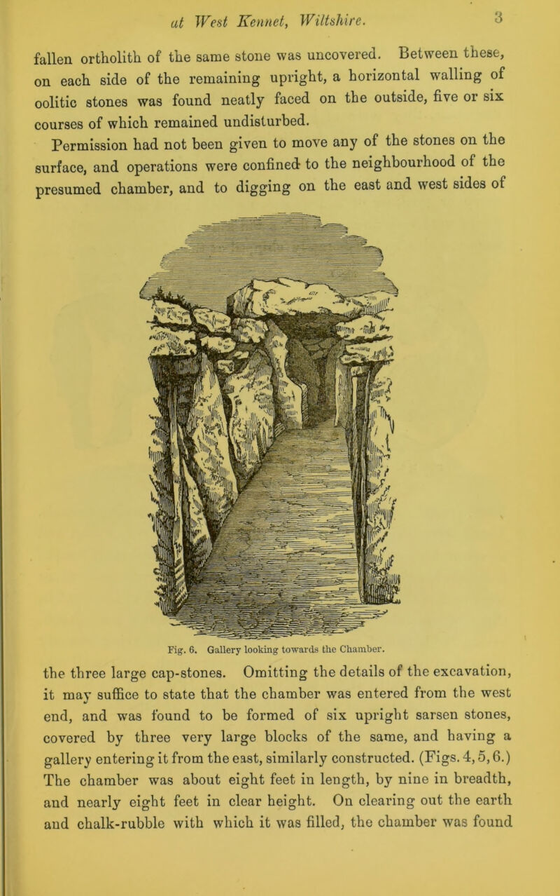 3 fallen ortholith of the same stone was uncovered. Between these, on each side of the remaining upright, a horizontal walling of oolitic stones was found neatly faced on the outside, five or six courses of which remained undisturbed. Permission had not been given to move any of the stones on the surface, and operations were confined to the neighbourhood of the presumed chamber, and to digging on the east and west sides of Fig. 6. Gallery looking towards the Chamber. the three large cap-stones. Omitting the details of the excavation, it may suffice to state that the chamber was entered from the west end, and was found to be formed of six upright sarsen stones, covered by three very large blocks of the same, and having a gallery entering it from the east, similarly constructed. (Figs. 4,5,6.) The chamber was about eight feet in length, by nine in breadth, and nearly eight feet in clear height. On clearing out the earth and chalk-rubble with which it was filled, the chamber was found