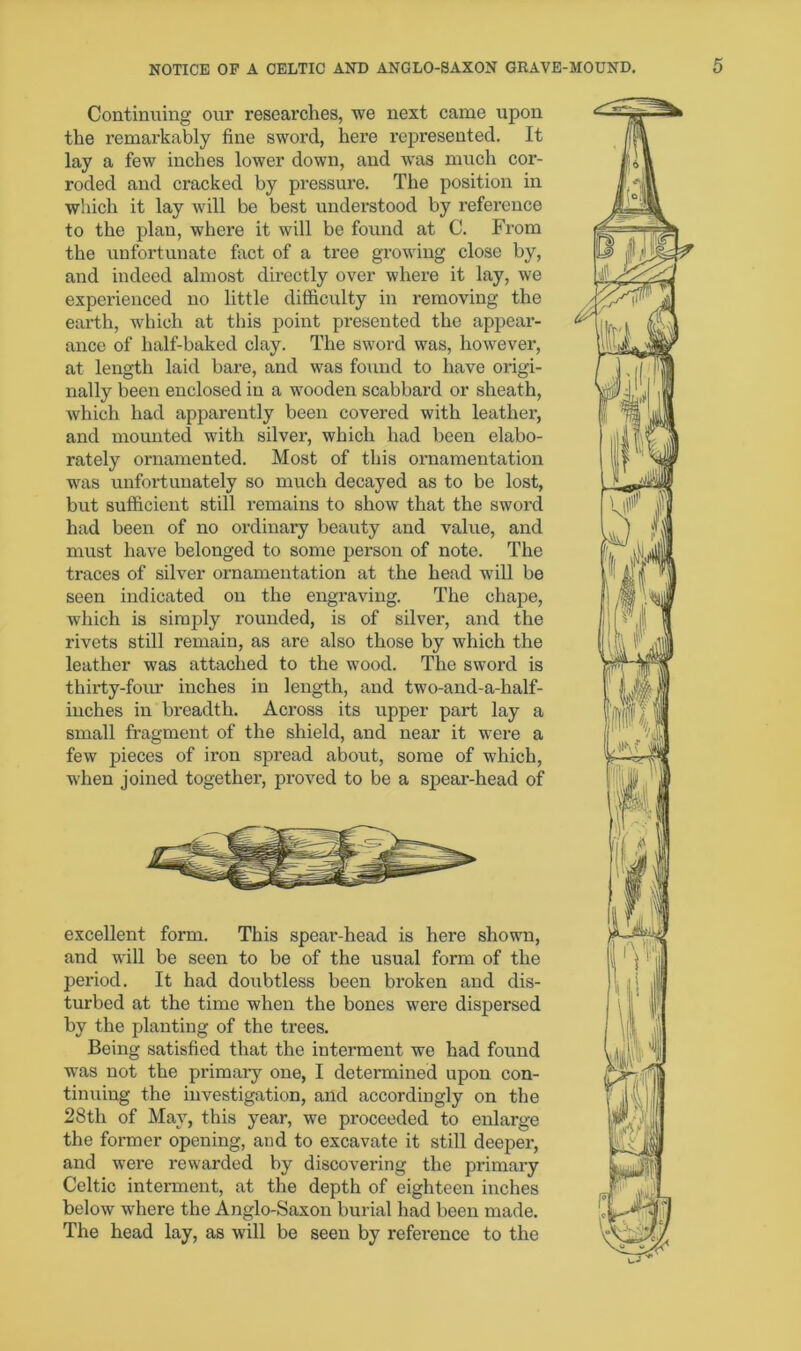 Continuing our researches, we next came upon the remarkably fine sword, here represented. It lay a few inches lower down, and was much cor- roded and cracked by pressure. The position in which it lay will be best understood by reference to the plan, where it will be found at C. From the unfortunate fact of a tree growing close by, and indeed almost directly over where it lay, we experienced no little difficulty in removing the earth, which at this point presented the appear- ance of half-baked clay. The sword was, however, at length laid bare, and was found to have origi- nally been enclosed in a wooden scabbard or sheath, which had apparently been covered with leather, and mounted with silver, which had been elabo- rately ornamented. Most of this ornamentation was unfortunately so much decayed as to be lost, but sufficient still remains to show that the sword had been of no ordinary beauty and value, and must have belonged to some person of note. The traces of silver ornamentation at the head will be seen indicated on the engraving. The chape, which is simply I’ounded, is of silver, and the rivets still remain, as are also those by which the leather was attached to the wood. The sword is thirty-foxir inches in length, and two-and-a-half- inches in breadth. Across its upper part lay a small fragment of the shield, and near it were a few pieces of iron spread about, some of which, when joined togethei’, proved to be a speai’-head of excellent form. This spear-head is hei'e shown, and will be seen to be of the usual form of the pei’iod. It had doubtless been broken and dis- turbed at the time when the bones were dispei’sed by the planting of the trees. Being satisfied that the intei’ment we had found was not the primai-y one, I determined upon con- tinuing the investigation, and accordingly on the 28th of May, this year, we proceeded to enlarge the former opening, and to excavate it still deepei-, and wei’e rewarded by discovering the primary Celtic interment, at the depth of eighteen inches below where the Anglo-Saxon burial had been made. The head lay, as will be seen by reference to the