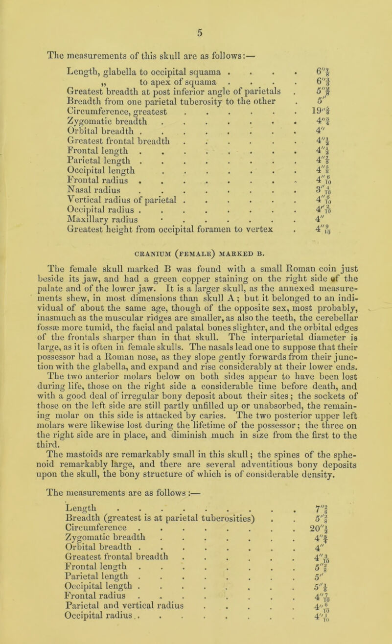 The measurements of this skull are as follows:— Length, glabella to occipital squama . „ to apex of squama Greatest breadth at post inferior angle of parietals Breadth from one parietal tuberosity to the other Circumference, greatest Zygomatic breadth Orbital breadth ....... Greatest ft’ontal breadth ..... Frontal length ....... Parietal length ....... Occipital length ...... Frontal radius Nasal radius ....... Vertical radius of parietal ..... Occipital radius ....... Ma.xillary radius ...... Greatest height from occipital foramen to vertex 19t 4i 4 4'/1 ^ 2 4i 4| 4f 46 ^ To q ^ TO 47o 4'?o 4 4 9 ^ 10 CRANIUM (female) MARKED B. The female skull marked B was found with a small Roman coin just beside its jaw, and had a green copper staining on the right side af the palate and of the lower jaw. It is a larger skull, as the annexed measure- ments shew, in most dimensions than skull A; but it belonged to an indi- vidual of about the same age, though of the opposite sex, most probably, inasmuch as the muscular ridges are smaller, as also the teeth, the cerebellar fossffi more tumid, the facial and palatal bones slighter, and the orbital edges of the frontals sharper than in that skull. The interparietal diameter is large, as it is often in female skulls. The nasals lead one to suppose that their ])Ossessor had a Roman nose, as they slope gently forwards from their junc- tion with the glabella, and expand and rise considerably at their lower ends. The two anterior molars below on both sides appear to have been lost during life, those on the right side a considerable time before death, and with a good deal of irregular bony deposit about their sites; the sockets of those on the left side are still partly unfilled up or unabsorbed, the remain- ing molar on this side is attacked by caries. The two posterior upper left molars were likewise lost during the lifetime of the possessor; the three on the right side are in place, and diminish much in size from the first to the third. The mastoids are remarkably small in this skull; the spines of the sphe- noid remarkably large, and there are several adventitious bony deposits upon the skull, the bony structure of which is of considerable density. The measurements are as follows :— Length ....... Breadth (greatest is at parietal tuberosities) Circumference Zygomatic breadth Orbital breadth ...... Greatest frontal breadth .... Frontal length Farietal length Occipital length ...... Frontal radius ...... Parietal and vertical radius Occipital radius ' 8 5i 20i 4f 4 4:i 51 5 5h 4 7 ^ T8 4//i> ’ TO 4'/1 ^ To