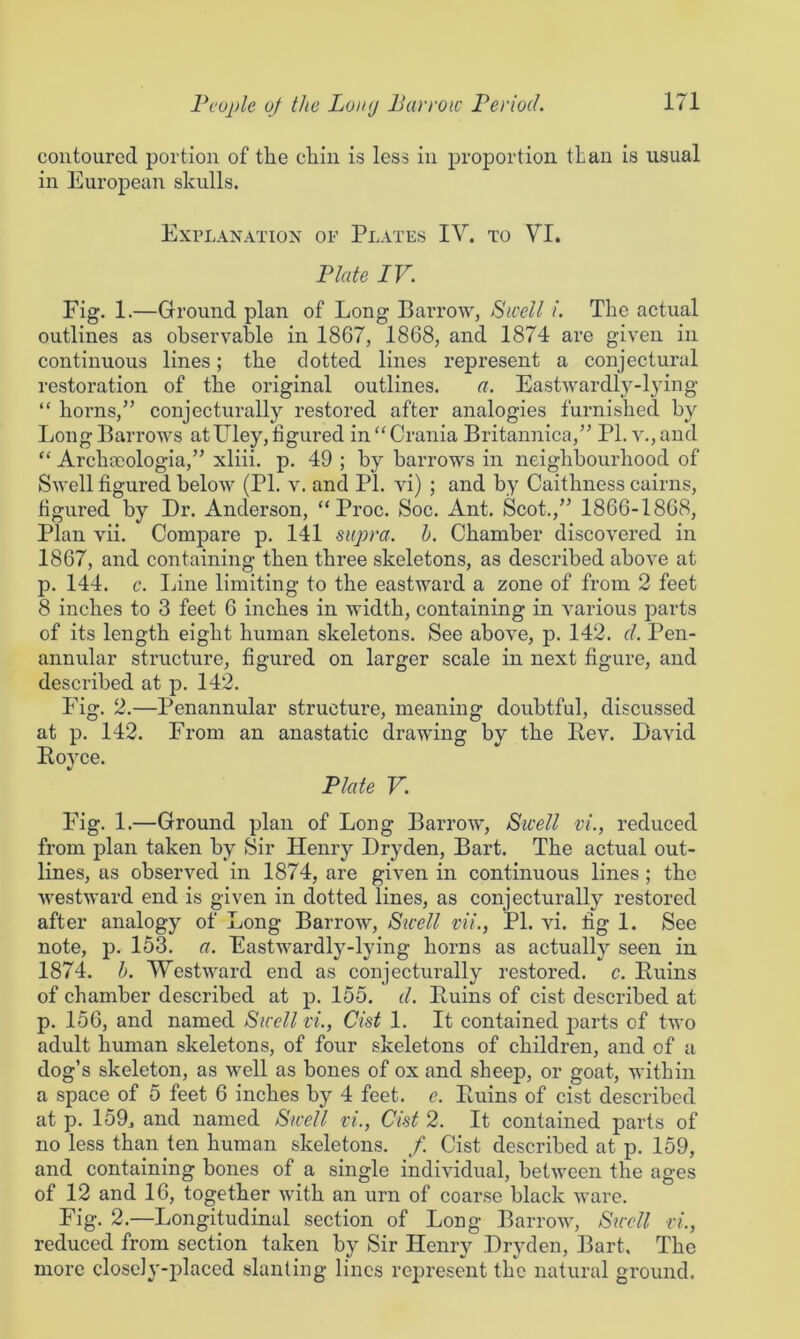 contoured portion of the chin is less in proportion than is usual in European skulls. Explanation of Plates IV. to VI. Plate IV. Fig. 1.—Ground plan of Long BaiTOW, Swell i. The actual outlines as observable in 1867, 1868, and 1874 are given in continuous lines; the dotted lines represent a conjectural restoration of the original outlines. a. Eastwardly-lying “ hoi’ns,” eonjecturally restored after analogies furnished by Long Barrows atEley, figured in “ Crania Britannica,’’ PL v., and “ Archa}ologia,” xliii. p. 49 ; by barrows in neighbourhood of Swell figured below (PI. v. and PI. vi) ; and by Caithness cairns, figured by Dr. Anderson, “ Proc. Soc. Ant. Scot.,” 1866-1868, Plan vii. Compare p. 141 supra, h. Chamber discovered in 1867, and containing then three skeletons, as described above at p. 144. c. Line limiting to the eastward a zone of from 2 feet 8 inches to 3 feet 6 inches in width, containing in various jiarts of its length eight human skeletons. See above, p. 142. cl. Pen- annular structure, figured on larger scale in next figure, and described at p. 142. Fig. 2.— Penannular structure, meaning doubtful, discussed at p. 142. From an anastatic drawing by the Pev. David Royce. Plate V. Fig. 1.—Ground plan of Long Barrow, Swell vi., reduced from plan taken by Sir Henry Dryden, Bart. The actual out- lines, as observed in 1874, are given in continuous lines ; the westward end is given in dotted lines, as eonjecturally restored after analogy of Long Barrow, Swell vii., PI. vi. fig 1. See note, p. 153. a. Eastwardly-lying horns as actually seen in 1874. h. Westward end as eonjecturally restored, c. Ruins of chamber described at p. 155. d. Ruins of cist described at p. 156, and named Swell vi.. Cist 1. It contained parts of two adult human skeletons, of four skeletons of children, and of a dog’s skeleton, as well as bones of ox and sheep, or goat, within a space of 5 feet 6 inches by 4 feet. c. Ruins of cist described at p. 159. and named Swell vi.. Cist 2. It contained parts of no less than ten human skeletons. /. Cist described at p. 159, and containing bones of a single individual, between the ages of 12 and 16, together with an urn of coarse black ware. Fig. 2.—Longitudinal section of Long Barrow, Stcell vi., reduced from section taken by Sir Henry Dryden, Bart. The more closely-placed slanting lines represent the natural ground.