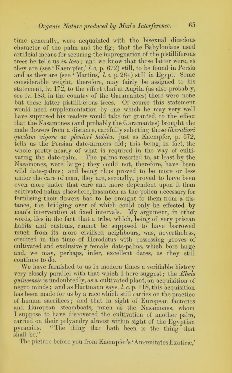 time generally, were acquainted with the bisexual dioecious character of the palm and the fig; that the Babylonians used artificial means for securing the impregnation of the pistilliferous trees he tells us in loco ; and we know that those latter were, ns they are (see ‘ Kaempfer,’ L c. p. 672) still, to be found in Persia and as they are (see ‘ Martins,’ 1. c. p. 264) still in Egypt. Some considerable weight, therefore, may fairly be assigned to his statement, iv. 172, to the effect that at Augila (as also probably, see iv. 183, in the country of the Gararnautes) there were none but these latter pistilliferous trees. Of course this statement would need supplementation by one which he may very well have supposed his readers would take for granted, to the effect that the Nasamones (and probably the Garamantes) brought the male flowers from a distance, carefully selecting those liheraUori quodam vigors ao pleniori liahitu, just as Kaempfer, p. 672, tells us the Persian date-farmers did; this being, in fact, the whole pretty nearly of what is required in the way of culti- vating the date-palm. The palms resorted to, at least by the Nasamones, were large; they could not, therefore, have been w'ild date-palms; and being thus proved to be more or less under the care of man, they are, secondly, proved to have been even more under that care and more dependent upon it than cultivated palms elsewhere, inasmuch as the pollen necessary for fertilising their flowers had to be brought to them from a dis- tance, the bridging over of which could only be effected by man’s intervention at fixed intervals. My argument, in other words, lies in the fact that a tribe, which, being of very priscan habits and customs, cannot be supposed to have l3orro\ved much from its more civilised neighbours, was, nevertheless, credited in the time of Herodotus with possessing groves of cultivated and exclusively female date-palms, which bore large and, we may, perhaps, infer, excellent dates, as they still continue to do. We have furnished to us in modern times a verifiable history very closely parallel with that which I here suggest; the Eheis is undoubtedly, as a cultivated plant, an acquisition of negro minds; and as Hartmann says, 1. c. p. 118, this acquisition has been made for us by a race which still carries on the practice of human sacrifices; and that in sight of European factories and European steamboats, much as the Nasamones, whom I suppose to have discovered the cultivation of another palm, carried on their polyandry almost within sight of the Egyptian pyramids. “Tlie thing that hath been is tlie thiini that shall be.” The picture before you from Kaempfer’s ‘Amoenitates Exoticm,’