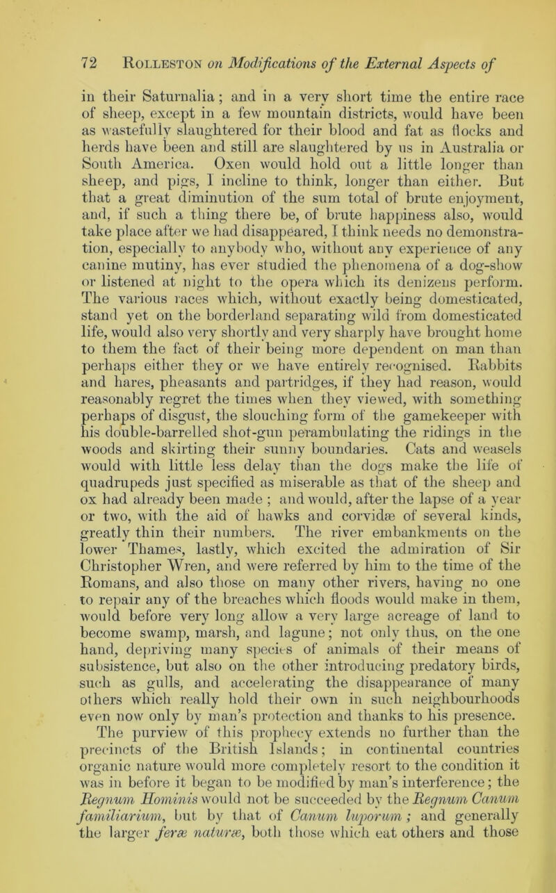 in their Saturnalia; and in a very short time the entire race of sheep, except in a few mountain districts, would have been as w’astefully slaughtered for their blood and fat as docks and herds have been and still are slauglitered by us in Australia or South America. Oxen would hold out a little longer than sheep, and pigs, 1 incline to think, longer than either. But that a great diminution of the sum total of brute enjoyment, and, if such a thing there be, of brute happiness also, would take place after we had disappeared, I think needs no demonstra- tion, especially to anybody who, without any experience of any canine mutiny, has ever studied the phenomena of a dog-show or listened at night to the opera which its denizens jjerform. The various races which, without exactly being domesticated, stand yet on the borderland separating wild from domesticated life, would also very shortly and very sharply have brought home to them the fact of their being more dependent on man than perhaps either they or we have entirely recognised. Rabbits and hares, pheasants and partr-idges, if they had reason, would reasonably regret the times when they viewed, with something perhaps of disgust, the slouching form of the gamekeeper with his double-harrelled shot-gun perambulating the ridings in the woods and skirting their sunny boundaries. Cats and weasels would with little less delay than the dogs make the life of quadrupeds just specified as miserable as that of the sheep and ox had already been made ; and would, after the lapse of a year or two, with the aid of hawks and corvidae of several kinds, greatly thin their numbers. The river embankments on the lower Thames, lastly, which excited the admiration of Sir Christopher Wren, and were referred by him to the time of the Romans, and also those on many other rivers, having no one to repair any of the breaches which floods would make in them, would before very long allow a very large acreage of land to become swamp, marsh, and lagune; not only thus, on the one hand, depriving many species of animals of their means of subsistence, but also on the other introducing predatory birds, such as gulls, and acceleiating the disappearance of many others which really hold their own in such neighbourhoods even now only by man’s protecjtiou and thanks to his presence. The j)urview of this prophecy extends no further than the precincts of the British Islands; in continental countries organic nature would more completely resort to the condition it was in before it began to be modified by man’s interference; the Eegnum Hominis wowXd. not be succeeded by iheltegnum Canum familiarmm, l)Ut by that of Canum luporum; and generally the larger ferai natunc, both those which eat others and those