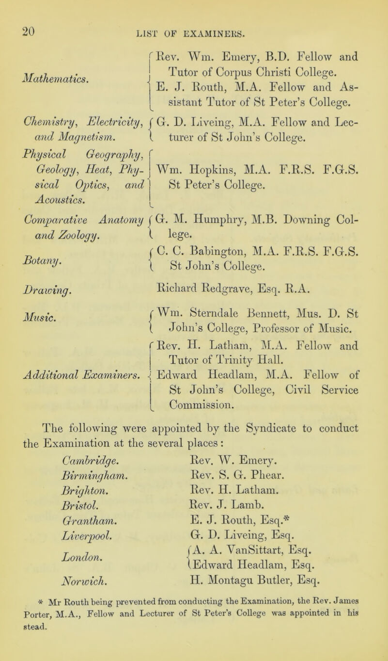 Mathematics. c Rev. Wm. Emery, B.D. Fellow and Tutor of Corpus Christi College. E. J. Routh, M.A. Fellow and As- sistant Tutor of St Peter’s College. Chemistry, Electricity, (G. D. Liveing, M.A. Fellow and Lec- and Magnetism. 1 turer of St John’s College. Physical Geography, Geology, Heat, Phy- sical Optics, and Acoustics. Wm. Hopkins, M.A. F.R.S. F.G.S. St Peter’s College. Comparative Anatomy (G. M. Humphry, M.B. Downing Col- and Zoology. I lege. C. C. Babington, M.A. F.R.S. F.G.S. St John’s College. Botany. Drawing Music. Richard Redgrave, Esq. R.A. / Wm. Sterndale Bennett, Mus. D. St 1 John’s College, Professor of Music. 'Rev. H. Latham, M.A. Fellow and Tutor of Trinity Hall. Additional Examiners. \ Edward Headlam, M.A. Fellow of St John’s College, Civil Service Commission. The following were appointed by the Syndicate to conduct the Examination at the several places: Cambridge. Birmingham. Brighton. Bristol. Grantham. Liverpool. London. Norwich. Rev. W. Emery. Rev. S. G. Phear. Rev. H. Latham. Rev. J. Lamb. E. J. Routh, Esq.* G. D. Liveing, Esq. ('A. A. VanSittart, Esq. (Edward Headlam, Esq. Id. Montagu Butler, Esq. * Mr Routh being prevented from conducting the Examination, the Rev. James Porter, M.A., Fellow and Lecturer of St Peter’s College was appointed in his stead.