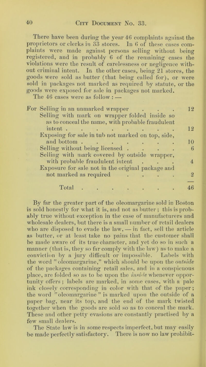 There have been during the year 46 complaints against the proprietors or clerks in 33 stores. In 6 of these eases com- plaints were made against persons selling without being registered, and in probably 6 of the remaining cases the violations were the result of carelessness or negligence with- out criminal intent. In the other cases, being 21 stores, the goods were sold as butter (that being called for), or were sold in packages not marked as required by statute, or the goods were exposed for sale in packages not marked. The 46 cases were as follow : — For Selling in an unmarked wrapper ... 12 Selling with mark on wrapper folded inside so as to conceal the name, with probable fraudulent intent . . . . . . . . 12 Exposing for sale in tub not marked on top, side, and bottom . . . . . . . 10 Selling without being licensed .... 6 Selling with mark covered by outside wrapper, with probable fraudulent intent ... 4 Exposure for sale not in the original package and not marked as required .... 2 Total ....... 46 By far the greater part of the oleomargarine sold in Boston is sold honestly for what it is, and not as butter ; this is prob- ably true without exception in the case of manufacturers and wholesale dealers, but there is a small number of retail dealers who are disposed to evade the law, — in fact, sell the article as butter, or at least take no pains that the customer shall be made aware of its true character, and yet do so in such a manner (that is, they so far comply with the law) as to make a conviction by a jury difficult or impossible. Labels with the word oleomargarine,” which should be upon the outside of the packages containing retail sales, and in a conspicuous place, are folded so as to be upon the inside whenever oppor- tunity offers ; labels are marked, in some cases, with a pale ink closely corresponding in color with that of the paper; the word oleomargarine” is marked upon the outside of a paper bag, near its top, and the end of the mark twisted together when the goods are sold so as to conceal the mark. These and other petty evasions are constantly practised 1^ a few small dealers. The State law is in some respects imperfect, but may easily be made perfectly satisfactory. There is now no law prohibit-