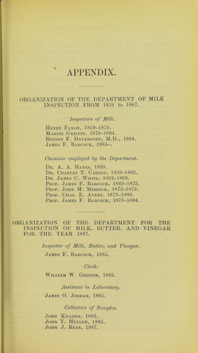 •v APPENDIX ORGANIZATION OF THE DEPARTMENT OF MILK INSPECTION FROM 1859 to 1887. Inspectors of Milk. Henry Faxon, 1859-1879. Martin Griffin, 1879-1884. Bennet F. Davenport, M.D., 1884. James F. Babcock, 1885—. Chemists employed by the Department. Dr. A. A. Hayes, 1859. Dr. Charles T. Carney, 1859-1862. Dr. James C. White, 1862-1869. Prop. James F. Babcock, 1869-1873. Prop. John M. Merrick, 1873-1879. Prof. Ciias. E. Avery, 1879-1880. Prof. James F. Babcock, 1879-1884. ORGANIZATION OF THE DEPARTMENT FOR THE INSPECTION OF MILK, BUTTER, AND VINEGAR FOR THE YEAR 1887. Inspector of Milk, Butter, and Vinegar. James F. Babcock, 1885. Clerk. William AY. Griffin, 1885. Assistant in Laboratory. James O. Jordan, 1885. Collectors of Samples. John Killeen, 1885. John T. Mullen, 1885. John J. Ryan, 1887.