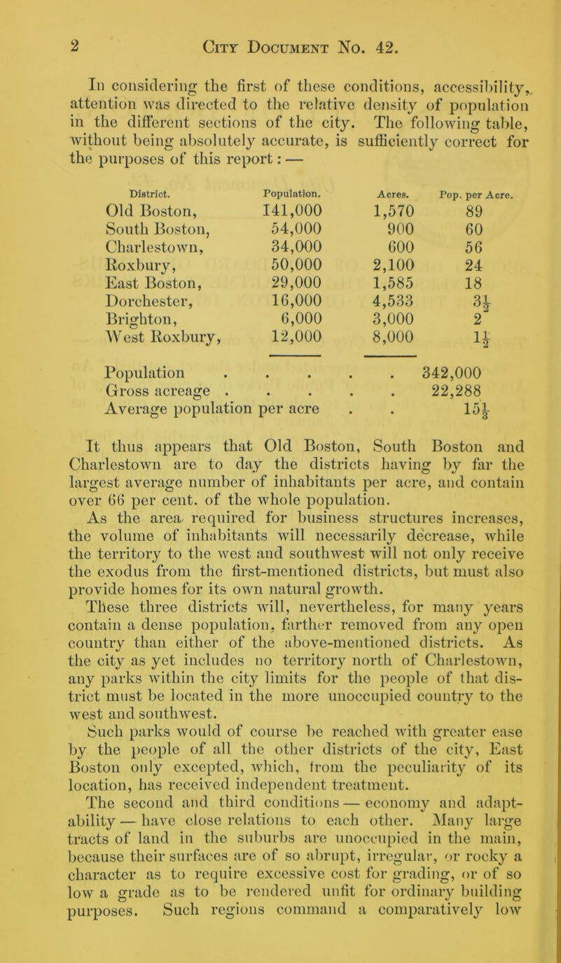 In considering the first of these conditions, accessibility, attention was directed to the relative density of population in the different sections of the city. The following table, without being absolutely accurate, is sufficiently correct for the purposes of this report: — District. Population. Acres. Pop. per Acre. Old Boston, 141,000 1,570 89 South Boston, 54,000 900 60 Charlestown, 34,000 600 56 llox bury, 50,000 2,100 24 East Boston, 29,000 1,585 18 Dorchester, 16,000 4,533 3£- Brighton, 6,000 3,000 2 West Roxbury, 12,000 8,000 Population • • • • 342,000 Gross acreage . • • • • 22,288 Average population per acre • • 151 It thus appears that Old Boston, South Boston and Charlestown are to day the districts having by far the largest average number of inhabitants per acre, and contain over 66 per cent, of the whole population. As the area- required for business structures increases, the volume of inhabitants will necessarily decrease, while the territory to the west and southwest will not only receive the exodus from the first-mentioned districts, but must also provide homes for its own natural growth. These three districts will, nevertheless, for many years contain a dense population, farther removed from any open country than either of the above-mentioned districts. As the city as yet includes no territory north of Charlestown, any parks within the city limits for the people of that dis- trict must be located in the more unoccupied country to the west and southwest. Such parks would of course be reached with greater ease by the people of all the other districts of the city, East Boston only excepted, which, from the peculiarity of its location, has received independent treatment. The second and third conditions—economy and adapt- ability — have close relations to each other. Many large tracts of land in the suburbs are unoccupied in the main, because their surfaces are of so abrupt, irregular, or rocky a character as to require excessive cost for grading, or of so low a grade as to be rendered unfit for ordinary building purposes. Such regions command a comparatively low