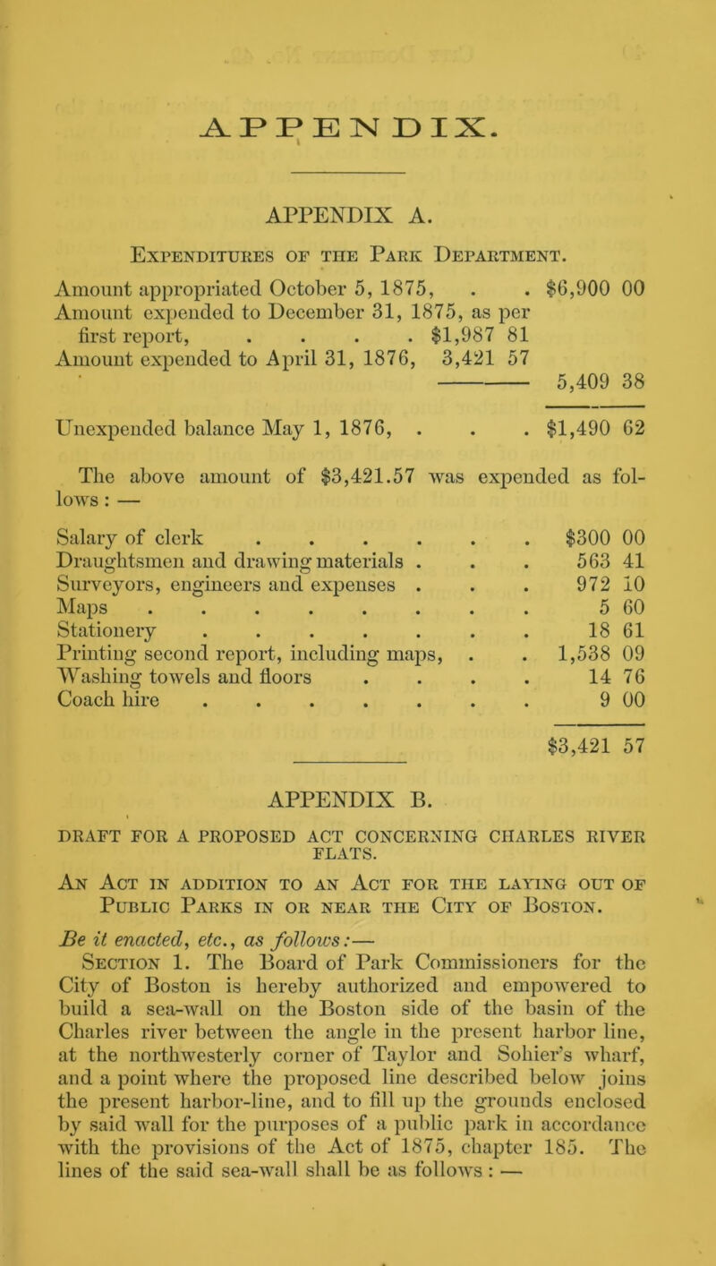 APPEN D IX. APPENDIX A. Expenditures of tiie Park Department. Amount appropriated October 5, 1875, . . $6,900 00 Amount expended to December 31, 1875, as per first report, .... $1,987 81 Amount expended to April 31, 1876, 3,421 57 5,409 38 Unexpended balance May 1, 1876, . . . $1,490 62 The above amount of $3,421.57 was expended as fol- lows : — Salary of clerk ..... . $300 00 Draughtsmen and drawing materials . 563 41 Surveyors, engineers and expenses . 972 10 Maps ....... 5 60 Stationery ...... 18 61 Printing second report, including maps, . 1,538 09 Washing towels and floors 14 76 Coach hire ...... 9 00 $3,421 57 APPENDIX B. DRAFT FOR A PROPOSED ACT CONCERNING CHARLES RIVER FLATS. An Act in addition to an Act for the laying out of Public Parks in or near the City of Boston. Be it enacted, etc., as follows:— Section 1. The Board of Park Commissioners for the City of Boston is hereby authorized and empowered to build a sea-wall on the Boston side of the basin of the Charles river between the angle in the present harbor line, at the northwesterly corner of Taylor and Sohier’s wharf, and a point where the proposed line described below joins the present harbor-line, and to fill up the grounds enclosed by said wall for the purposes of a public park in accordance with the provisions of the Act of 1875, chapter 185. The lines of the said sea-wall shall be as follows : —