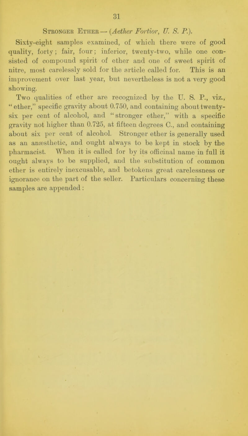 Stronger Ether—(Aether Fortior, U. S. P.). Sixty-eight samples examined, of which there were of good quality, forty; fair, four; inferior, twenty-two, while one con- sisted of compound spirit of ether and one of sweet spirit of nitre, most carelessly sold for the article called for. This is an improvement over last year, but nevertheless is not a very good showing. Two qualities of ether are recognized by the U. S. P., viz., “ether,” specific gravity about 0.750, and containing about twenty- six per cent of alcohol, and “ stronger ether,” with a specific gravity not higher than 0.725, at fifteen degrees C., and containing about six per cent of alcohol. Stronger ether is generally used as an anaesthetic, and ought always to be kept in stock by the pharmacist. When it is called for by its officinal name in full it ought always to be supplied, and the substitution of common ether is entirely inexcusable, and betokens great carelessness or ignorance on the part of the seller. Particulars concerning these samples are appended: I