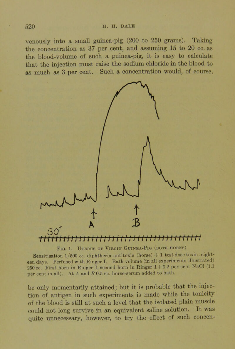 venously into a small guinea-pig (200 to 250 grams). Taking the concentration as 37 per cent, and assuming 15 to 20 cc. as the blood-volume of such a guinea-pig, it is easy to calculate that the injection must raise the sodium chloride in the blood to as much as 3 per cent. Such a concentration would, of course, Fig. 1. Uterus of Virgin Guinea-Pig (both horns) Sensitisation 1/500 cc. diphtheria antitoxic (horse) + 1 test dose toxin: eight- een days. Perfused with Ringer I. Bath volume (in all experiments illustrated) 250 cc. First horn in Ringer I, second horn in Ringer 1 + 0.2 per cent NaCl (1.1 per cent in all). At A and B 0.5 cc. horse-serum added to bath. be only momentarily attained; but it is probable that the injec- tion of antigen in such experiments is made while the tonicity of the blood is still at such a level that the isolated plain muscle could not long survive in an equivalent saline solution. It was quite unnecessary, however, to try the effect of such concen-