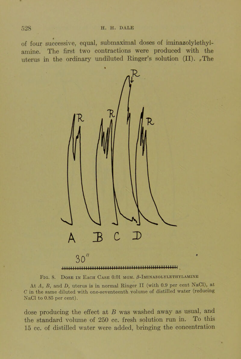 # of four successive, equal, submaximal closes of iminazolylethyl- amine. The first two contractions were produced with the uterus in the ordinary undiluted Ringer’s solution (II). „The A 3 C X 30 iitiiiiiiiiiiiiiiiiinmiiiiiiiiiumiiimimuni. Fig. 8. Dose in Each Case 0.01 mgm. /3-Iminazolylethylamine At A, B, and D, uterus is in normal Ringer II (with 0.9 per cent NaCl), at C in the same diluted with one-seventeenth volume of distilled water (reducing NaCl to 0.85 per cent). dose producing the effect at B was washed away as usual, and the standard volume of 250 cc. fresh solution run in. To this 15 cc. of distilled water were added, bringing the concentration