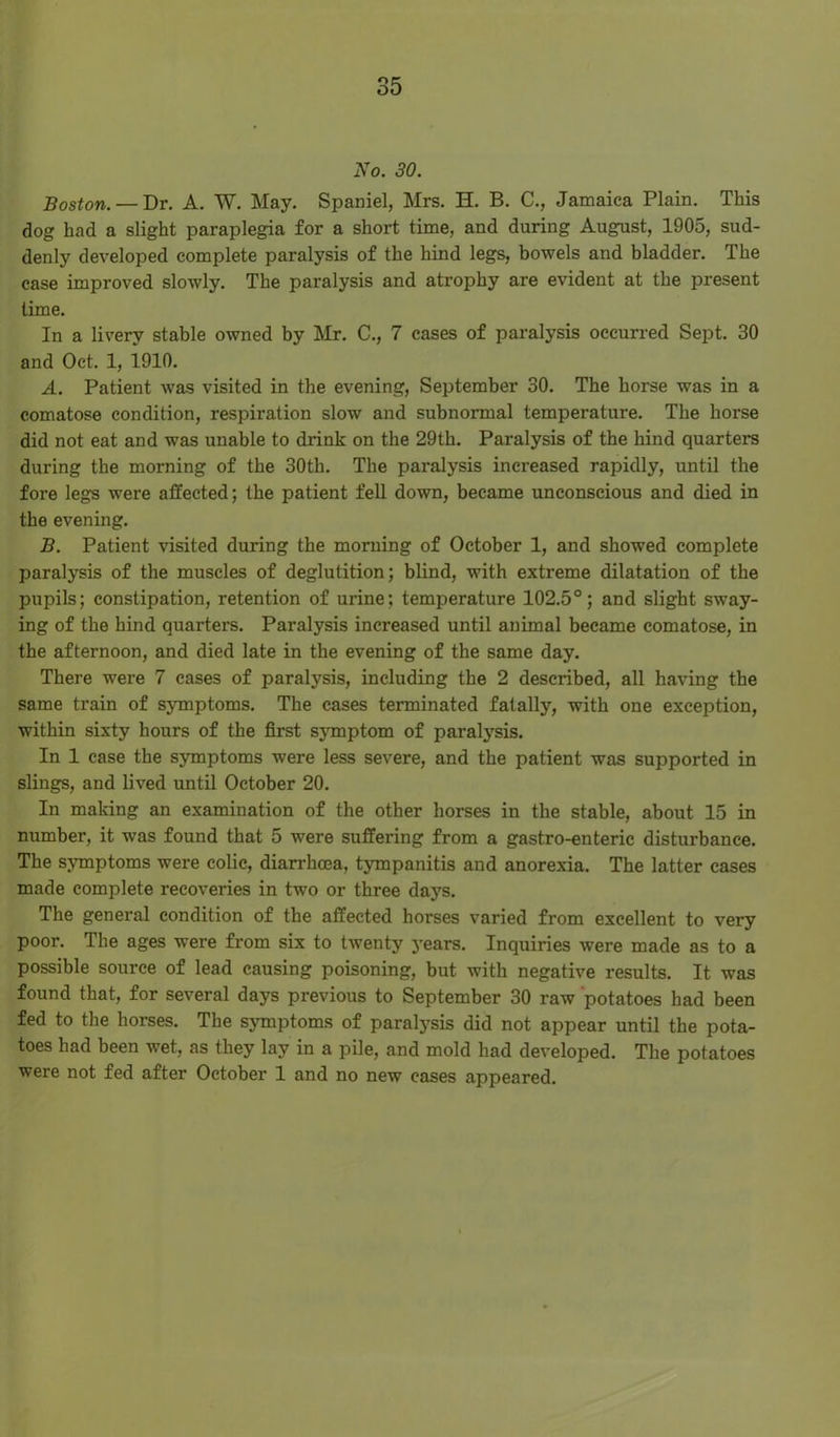 No. 30. Boston. — Dr. A. W. May. Spaniel, Mrs. H. B. C., Jamaica Plain. This dog had a slight paraplegia for a short time, and during August, 1905, sud- denly developed complete paralysis of the hind legs, bowels and bladder. The case improved slowly. The paralysis and atrophy are evident at the present lime. In a livery stable owned by Mr. C., 7 cases of paralysis occurred Sept. 30 and Oct. 1, 1910. A. Patient was visited in the evening, September 30. The horse was in a comatose condition, respiration slow and subnormal temperature. The horse did not eat and was unable to drink on the 29th. Paralysis of the hind quarters during the morning of the 30th. The paralysis increased rapidly, until the fore legs were affected; the patient fell down, became unconscious and died in the evening. B. Patient visited during the morning of October 1, and showed complete paralysis of the muscles of deglutition; blind, with extreme dilatation of the pupils; constipation, retention of urine; temperature 102.5°; and slight sway- ing of the hind quarters. Paralysis increased until animal became comatose, in the afternoon, and died late in the evening of the same day. There were 7 cases of paralysis, including the 2 described, all having the same train of symptoms. The cases terminated fatally, with one exception, within sixty hours of the first symptom of paralysis. In 1 case the symptoms were less severe, and the patient was supported in slings, and lived until October 20. In making an examination of the other horses in the stable, about 15 in number, it was found that 5 were suffering from a gastro-enteric disturbance. The symptoms were colic, diarrhoea, tympanitis and anorexia. The latter cases made complete recoveries in two or three days. The general condition of the affected horses varied from excellent to very poor. The ages were from six to twenty years. Inquiries were made as to a possible source of lead causing poisoning, but with negative results. It was found that, for several days previous to September 30 raw potatoes had been fed to the horses. The symptoms of paralysis did not appear until the pota- toes had been wet, as they lay in a pile, and mold had developed. The potatoes were not fed after October 1 and no new cases appeared.