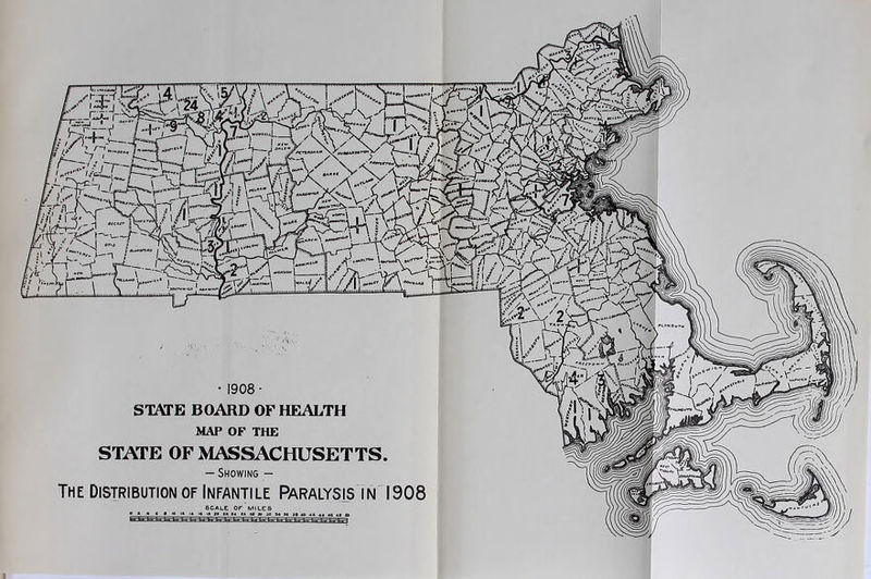 • 1908 • STATE BOARD OF HEALTH MAP OF THE STATE OF MASSACHUSETTS — Showing - The Distribution of Infantile Paralysis in SCALE OF MILES