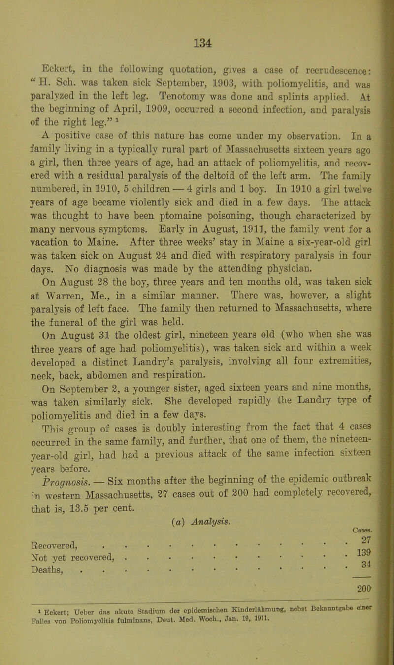 Eckert, in the following quotation, gives a case of recrudescence: “ H. Sch. was taken sick September, 1903, with poliomyelitis, and was paralyzed in the left leg. Tenotomy was done and splints applied. At the beginning of April, 1909, occurred a second infection, and paralysis of the right leg.” 1 A positive case of this nature has come under my observation. In a family living in a typically rural part of Massachusetts sixteen years ago a girl, then three years of age, had an attack of poliomyelitis, and recov- ered with a residual paralysis of the deltoid of the left arm. The family numbered, in 1910, 5 children — 4 girls and 1 boy. In 1910 a girl twelve years of age became violently sick and died in a few days. The attack was thought to have been ptomaine poisoning, though characterized by many nervous symptoms. Early in August, 1911, the family went for a vacation to Maine. After three weeks’ stay in Maine a six-year-old girl was taken sick on August 24 and died with respiratory paralysis in four days. No diagnosis was made by the attending physician. On August 28 the boy, three years and ten months old, was taken sick at Warren, Me., in a similar manner. There was, however, a slight paralysis of left face. The family then returned to Massachusetts, where the funeral of the girl was held. On August 31 the oldest girl, nineteen years old (who when she was three years of age had poliomyelitis), was taken sick and within a week developed a distinct Landry’s paralysis, involving all four extremities, neck, back, abdomen and respiration. On September 2, a younger sister, aged sixteen years and nine months, was taken similarly sick. She developed rapidly the Landry type of poliomyelitis and died in a few days. This group of cases is doubly interesting from the fact that 4 cases occurred in the same family, and further, that one of them, the nineteen- year-old girl, had had a previous attack of the same infection sixteen years before. Prognosis. — Six months after the beginning of the epidemic outbreak in western Massachusetts, 27 cases out of 200 had completely recovered, that is, 13.5 per cent. (a) Analysis. Recovered, Not yet recovered, . Deaths, Cases. . 27 . 139 . 34 209 l Eckert; Ueber das alcute Stadium der epidemischen Kinderlftbmung, nebst Bekanntgabe emer Falles von Poliomyelitis fulminans, Deut. Med. Wock., Jan. 19, 1911.