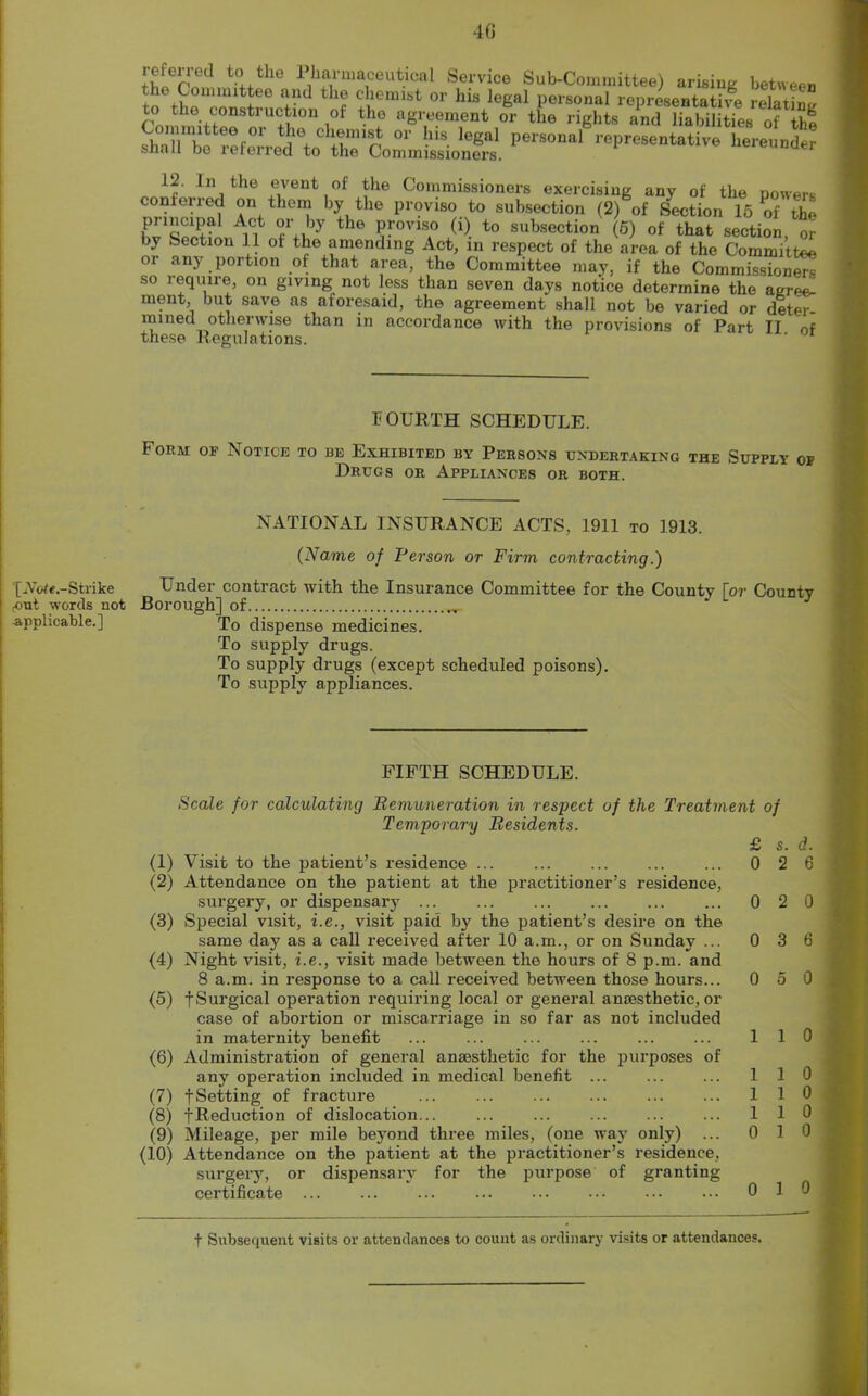 40 [JVoie.-Strike (Out words not applicable.] tbl Pnd t-++the 1 h:Y'llia.ceut.lcaI Service Sub-Committee) arising between to tu mit+ee +-ld 1 h® chemist or hls le6al personal representative relating to the construction of the agreement or the rights and liabilities of the d!Th V 1?6+ ch+tmiS °r -US- legal Personal representative hereunder shall be referred to the Commissioners. 12. In the event of the Commissioners exercising any of the powers conferied on them by the proviso to subsection (2) of Section 15 of the the P?'ovls4° (i) to subsection (6) of that section, or by Section 11 of the amending Act, in respect of the area of the Committee or any portion of that area, the Committee may, if the Commissioner! so require, on giving not less than seven days notice determine the agree! ment, but save as aforesaid, the agreement shall not be varied or deter- mined otherwise than in accordance with the provisions of Part II nf these Regulations. FOURTH SCHEDULE. Form of Notice to be Exhibited by Persons undertaking the Supply of Drugs or Appliances or both. NATIONAL INSURANCE ACTS, 1911 to 1913. (Name of Person or Firm contracting.) Under contract with the Insurance Committee for the County For County Borough] of... - L y To dispense medicines. To supply drugs. To supply drugs (except scheduled poisons). To supply appliances. FIFTH SCHEDULE. Scale for calculating iRemuneration in respect of the Treatment of Temporary Besidents. £ s. d. (1) Visit to the patient’s residence ... ... ... ... ... 0 2 6 (2) Attendance on the patient at the practitioner’s residence, surgery, or dispensary ... 0 20 (3) Special visit, i.e., visit paid by the patient’s desire on the same day as a call received after 10 a.m., or on Sunday ... 0 3 6 (4) Night visit, i.e., visit made between the hours of 8 p.m. and 8 a.m. in response to a call received between those hours... 0 5 0 (5) f Surgical operation requiring local or general amesthetic, or case of abortion or miscarriage in so far as not included in maternity benefit ... ... ... ... ... ... 110 (6) Administration of general anaesthetic for the purposes of any operation included in medical benefit ... ... ... 110 (7) fSetting of fracture ... 110 (8) {Reduction of dislocation... ... 110 (9) Mileage, per mile beyond three miles, (one way only) ... 0 1 0 (10) Attendance on the patient at the practitioner’s residence, surgery, or dispensary for the purpose of granting certificate ... ... ... ... ... ... ••• 0 1 0 f Subsequent visits or attendances to count as ordinary visits or attendances.