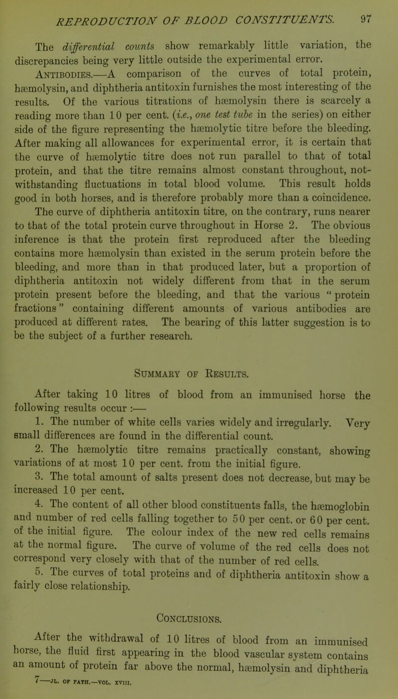 The differential covMts show remarkably little variation, the discrepancies being very little outside the experimental error. Antibodies.—A comparison of the curves of total protein, htemolysin, and diphtheria antitoxin furnishes the most interesting of the results. Of the various titrations of haemolysin there is scarcely a reading more than 10 per cent, {i.e., one test tule in the series) on either side of the figure representing the haemolytic titre before the bleeding. After making all allowances for experimental error, it is certain that the curve of haemolytic titre does not run parallel to that of total protein, and that the titre remains almost constant throughout, not- withstanding fluctuations in total blood volume. This result holds good in both horses, and is therefore probably more than a coincidence. The curve of diphtheria antitoxin titre, on the contrary, runs nearer to that of the total protein curve throughout in Horse 2. The obvious inference is that the protein first reproduced after the bleeding contains more hsemolysin than existed in the serum protein before the bleeding, and more than in that produced later, but a proportion of diphtheria antitoxin not widely different from that in the serum protein present before the bleeding, and that the various “ protein fractions ” containing different amounts of various antibodies are produced at different rates. The bearing of this latter suggestion is to be the subject of a further research. Summary of Eesults. After taking 10 litres of blood from an immunised horse the following results occur :— 1. The number of white cells varies widely and irregularly. Very small differences are found in the differential count. 2. The haemolytic titre remains practically constant, showing variations of at most 10 per cent, from the initial figure. 3. The total amount of salts present does not decrease, but may be increased 10 per cent. 4. The content of all other blood constituents falls, the haemoglobin and number of red cells falling together to 50 per cent, or 60 per cent, of the initial figure. The colour index of the new red cells remains at the normal figure. The curve of volume of the red cells does not correspond very closely with that of the number of red cells. 5. The curves of total proteins and of diphtheria antitoxin show a fairly close relationship. Conclusions. After the withdrawal of 10 litres of blood from an immunised horse, the fluid first appearing in the blood vascular system contains an amount of protein far above the normal, htemolysin and diphtheria 7 OF PATH.—VOL. XVIII.