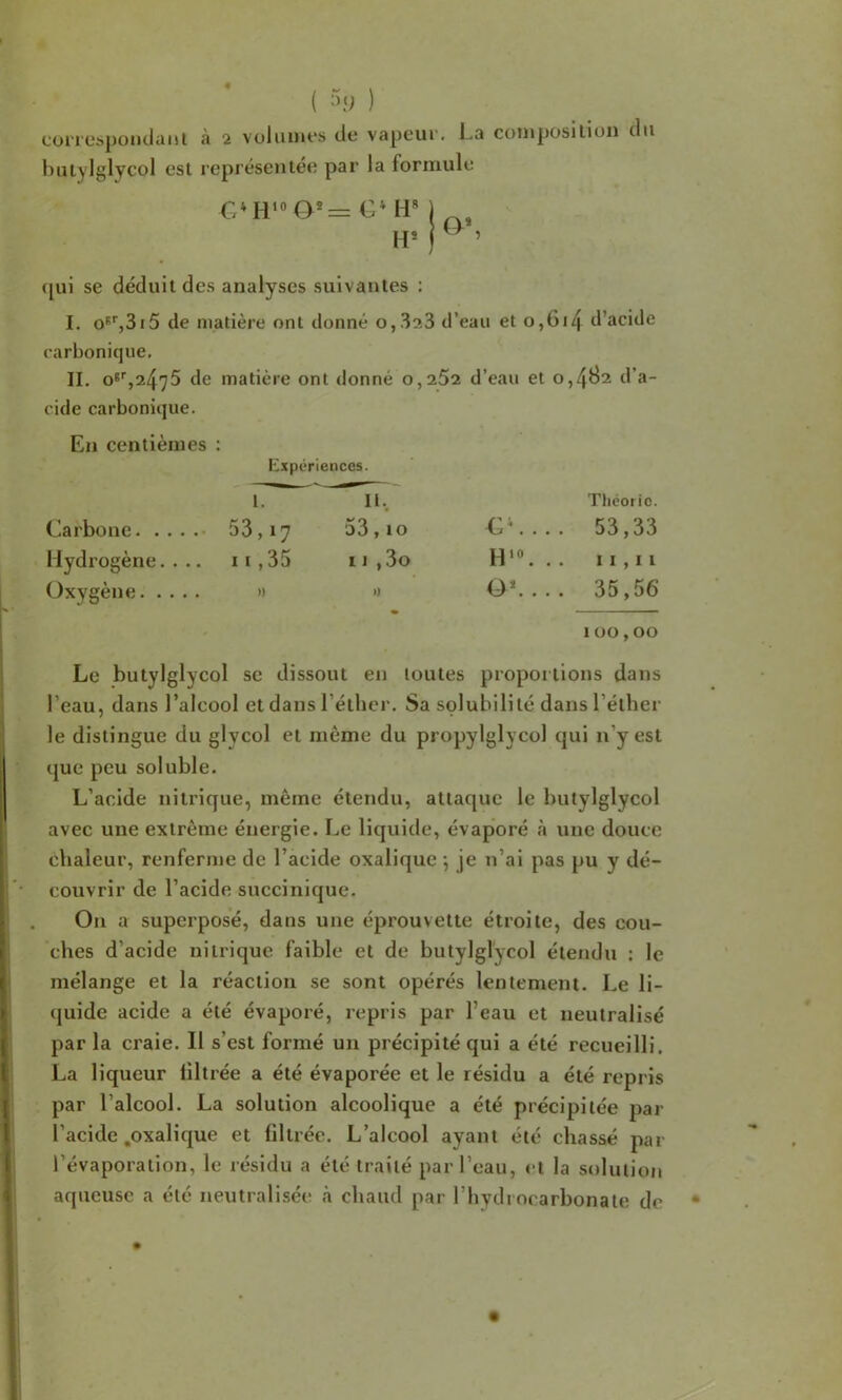 ( ) conespoiulaul à 2 voluiHfs de vapeur. La composilion du hutylglycol est représentée par la formule H* ) ’ qui se déduit des analyses suivantes : I. o^qSiS de matière ont donné 0,323 d’eau et o,Gi4 d’acide carbonique. IL o^'’,2475 de matière ont donné 0,252 d’eau et o,4B2 d’a- cide carbonique. En centièmes ; Expériences. l. Carbone 53,17 Hydrogène.... 11,35 Oxygène » II.^ Tlicoric. 53,10 GG... 53,33 IJ ,3o H'”. .. 11,11 .. O* 35,56 100,00 Le hutylglycol se dissout en toutes proportions dans l’eau, dans l’alcool et dans l’éther. Sa solubilité dans l’éther le distingue du glycol et même du propylglycol qui n’y est que peu soluble. L’acide nitrique, même étendu, attaque le hutylglycol avec une extrême énergie. Le liquide, évaporé à une douce chaleur, renferme de l’acide oxalique -, je n’ai pas pu y dé- couvrir de l’acide succinique. On a superposé, dans une éprouvette étroite, des cou- ches d’acide nitrique faible et de hutylglycol étendu : le mélange et la réaction se sont opérés lentement. Le li- quide acide a été évaporé, repris par l’eau et neutralisé par la craie. Il s’est formé un précipité qui a été recueilli. La liqueur liltrée a été évaporée et le résidu a été repris par l’alcool. La solution alcoolique a été précipitée par l’acide .oxalique et filtrée. L’alcool ayant été chassé par l’évaporation, le résidu a été traité par l’eau, et la solution aqueuse a été neutralisée h chaud par l’hydrocarbonate de