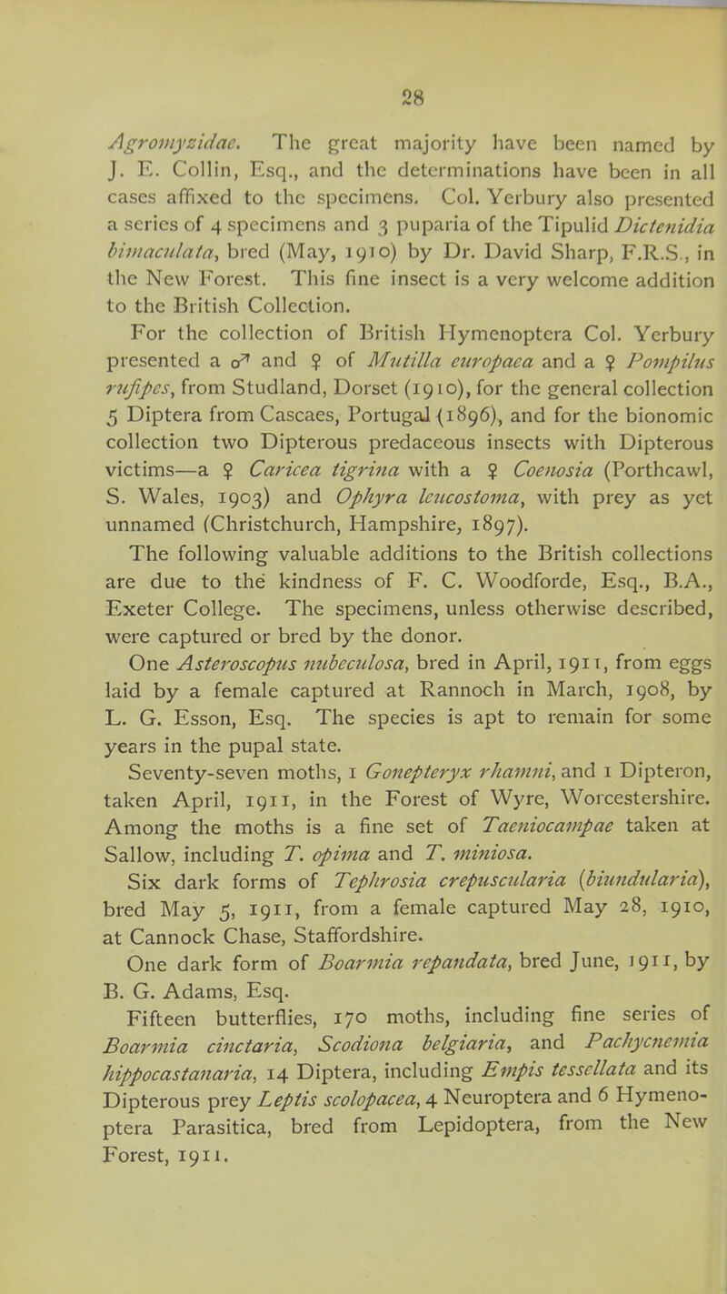 Agromyzidae. The great majority have been named by J. E. Collin, Esq., and the determinations have been in all cases affixed to the specimens. Col. Yerbury also presented a series of 4 specimens and 3 puparia of the Tipulid Dictenidia bimaculata, bred (May, 19T0) by Dr. David Sharp, F.R.S., in the New Forest. This fine insect is a very welcome addition to the British Collection. For the collection of British Ilymenoptera Col. Yerbury presented a cd and $ of Mutilla europaca and a ? Pompilus rufipes, from Studland, Dorset (1910), for the general collection 5 Diptera from Cascaes, Portugal (1896), and for the bionomic collection two Dipterous predaceous insects with Dipterous victims—a ? Caricea tigrina with a $ Coenosia (Porthcawl, S. Wales, 1903) and Ophyra Icucostoina, with prey as yet unnamed (Christchurch, Hampshire, 1897). The following valuable additions to the British collections are due to the kindness of F. C. Woodforde, Esq., B.A., Exeter College. The specimens, unless otherwise described, were captured or bred by the donor. One Asteroscopus nubeculosa, bred in April, 1911, from eggs laid by a female captured at Rannoch in March, 1908, by L. G. Esson, Esq. The species is apt to remain for some years in the pupal state. Seventy-seven moths, 1 Gonepteryx rhamni, and 1 Dipteron, taken April, 1911, in the Forest of Wyre, Worcestershire. Among the moths is a fine set of Taemocainpae taken at Sallow, including T. opima and T. miniosa. Six dark forms of Tephrosia crepascularia (biundularia), bred May 5, 1911, from a female captured May 28, 1910, at Cannock Chase, Staffordshire. One dark form of Boarinia repandata, bred June, J 91 x> by B. G. Adams, Esq. Fifteen butterflies, 170 moths, including fine series of Boarinia cinctaria, Scodiona belgiana, and Pachycnemia hippocastanaria, 14 Diptera, including Einpis tesscllata and its Dipterous prey Leptis scolopacea, 4 Neuroptera and 6 Hymeno- ptera Parasitica, bred from Lepidoptera, from the New Forest, 1911.