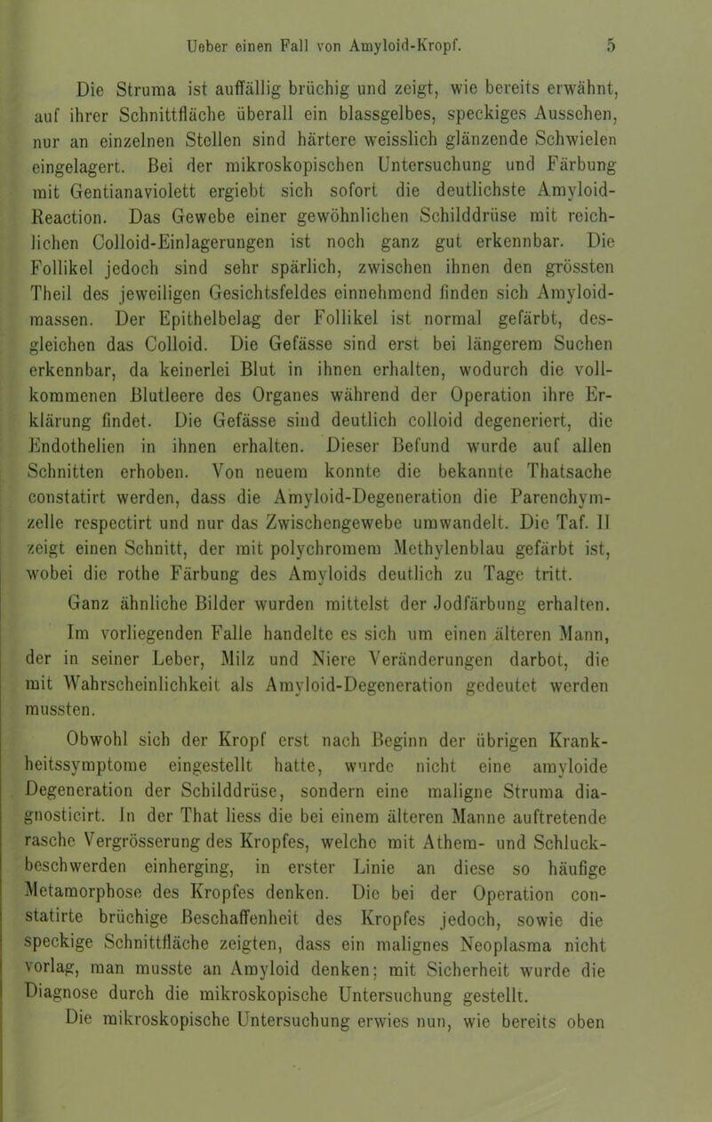 Die Struma ist auffällig brüchig und zeigt, wie bereits erwähnt, auf ihrer Schnittfläche überall ein blassgelbes, speckiges Aussehen, nur an einzelnen Stellen sind härtere weisslich glänzende Schwielen eingelagert. Bei der mikroskopischen Untersuchung und Färbung mit Gentianaviolett ergiebt sich sofort die deutlichste Amyloid- Reaction. Das Gewebe einer gewöhnlichen Schilddrüse mit reich- lichen Colloid-Einlagerungen ist noch ganz gut erkennbar. Die Follikel jedoch sind sehr spärlich, zwischen ihnen den grössten Theil des jeweiligen Gesichtsfeldes einnehmend finden sich Amyloid- massen. Der Epithelbelag der Follikel ist normal gefärbt, des- gleichen das Colloid. Die Gefässe sind erst bei längerem Suchen erkennbar, da keinerlei Blut in ihnen erhalten, wodurch die voll- kommenen Blutleere des Organes während der Operation ihre Er- klärung findet. Die Gefässe sind deutlich colloid degeneriert, die Endothelien in ihnen erhalten. Dieser Befund wurde auf allen Schnitten erhoben. Von neuem konnte die bekannte Thatsache constatirt werden, dass die Amyloid-Degeneration die Parenchym- zelle respectirt und nur das Zwischengewebe um wandelt. Die Taf. II zeigt einen Schnitt, der mit polychromem Methylenblau gefärbt ist, wobei die rothe Färbung des Amyloids deutlich zu Tage tritt. Ganz ähnliche Bilder wurden mittelst der Jodfärbung erhalten. Im vorliegenden Falle handelte es sich um einen filteren Mann, der in seiner Leber, Milz und Niere Veränderungen darbot, die mit Wahrscheinlichkeit als Amvloid-Degeneration gedeutet werden mussten. Obwohl sich der Kropf erst nach Beginn der übrigen Krank- heitssymptome eingestellt hatte, wurde nicht eine arayloide Degeneration der Schilddrüse, sondern eine maligne Struma dia- gnosticirt. ln der That liess die bei einem älteren Manne auftretende rasche Vergrösserung des Kropfes, welche mit Athem- und Schluck- beschwerden einherging, in erster Linie an diese so häufige Metamorphose des Kropfes denken. Die bei der Operation con- statirte brüchige Beschaffenheit des Kropfes jedoch, sowie die speckige Schnittfläche zeigten, dass ein malignes Neoplasma nicht vorlag, man musste an Amyloid denken; mit Sicherheit wurde die Diagnose durch die mikroskopische Untersuchung gestellt. Die mikroskopische Untersuchung erwies nun, wie bereits oben