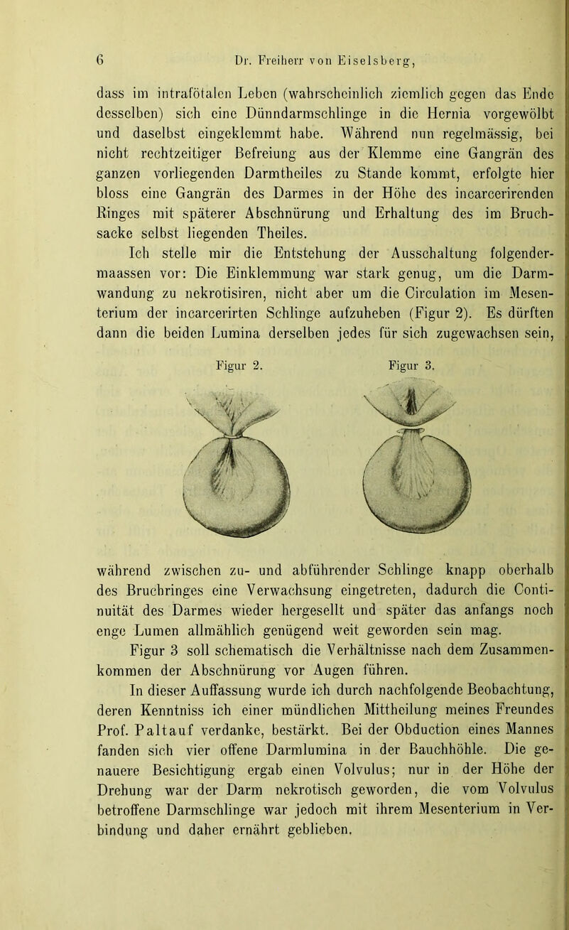 dass im intrafötalcn Leben (wahrscheinlich ziemlich gegen das Ende desselben) sich eine Dünndarmschlinge in die Hernia vorgewölbt und daselbst eingeklemmt habe. Während nun regelmässig, bei nicht rechtzeitiger Befreiung aus der Klemme eine Gangrän des ganzen vorliegenden Darmtheiles zu Stande kommt, erfolgte hier bloss eine Gangrän des Darmes in der Höhe des incarcerircnden Kinges mit späterer Abschnürung und Erhaltung des im Bruch- sacke selbst liegenden Theiles. Ich stelle mir die Entstehung der Ausschaltung folgender- maassen vor: Die Einklemmung war stark genug, um die Darm- wandung zu nekrotisiren, nicht aber um die Circulation im Mesen- terium der incarcerirten Schlinge aufzuheben (Figur 2). Es dürften dann die beiden Lumina derselben jedes für sich zugewachsen sein, Figur 2. Figur 3. während zwischen zu- und abführender Schlinge knapp oberhalb des Bruchringes eine Verwachsung eingetreten, dadurch die Conti- nuität des Darmes wieder hergesellt und später das anfangs noch enge Lumen allmählich genügend weit geworden sein mag. Figur 3 soll schematisch die Verhältnisse nach dem Zusammen- kommen der Abschnürung vor Augen führen. In dieser Auffassung wurde ich durch nachfolgende Beobachtung, I deren Kenntniss ich einer mündlichen Mittheilung meines Freundes Prof. Paltauf verdanke, bestärkt. Bei der Obduction eines Mannes fanden sich vier offene Darmlumina in der Bauchhöhle. Die ge- nauere Besichtigung ergab einen Volvulus; nur in der Höhe der ? Drehung war der Darm nekrotisch geworden, die vom Volvulus betroffene Darmschlinge war jedoch mit ihrem Mesenterium in Ver- bindung und daher ernährt geblieben,