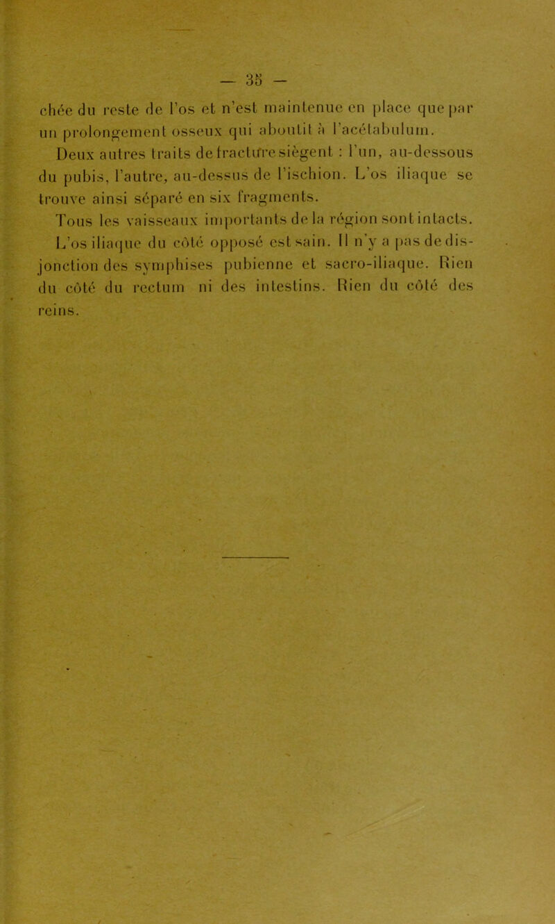 chée du reste de l’os et n’est maintenue en place que par un prolongement osseux qui aboutit a 1 acétabulum. Deux autres traits defracttfresiègent : l’un, au-dessous du pubis, l’autre, au-dessus de l’ischion. L’os iliaque se trouve ainsi séparé en six fragments. Tous les vaisseaux importants de la région sont intacts. L os iliaque du côté opposé est sain. Il n y a pasdedis- jonction des symphises pubienne et sacro-iliaque. Rien du côté du rectum ni des intestins. Rien du côté des reins.