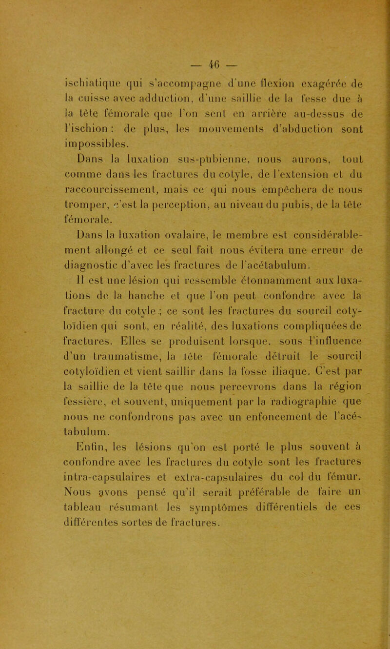 ischiatique cjui s’accompagne d'une flexion exagérée de la cuisse avec adduction, d’une saillie de la fesse due à la tète fémorale que l’on sent en arrière au-dessus de l’ischion : de plus, les mouvements d’abduction sont impossibles. Dans la luxation sus-pubienne, nous aurons, tout comme dans les fractures du cotyle, de l'extension et du raccourcissement, mais ce qui nous empêchera de nous tromper, c’est la perception, au niveau du pubis, de la tête fémorale. Dans la luxation ovalaire, le membre est considérable- ment allongé et ce seul fait nous évitera une erreur de diagnostic d’avec les fractures de l’acétabulum. 11 est une lésion qui ressemble étonnamment aux luxa- tions de la hanche et que l’on peut confondre avec la fracture du cotyle.; ce sont les fractures du sourcil coty- loïdicn qui sont, en réalité, des luxations compliquées de fractures. Elles se produisent lorsque, sous t’influence d’un traumatisme, la tête fémorale détruit le sourcil cotyloïdien et vient saillir dans la fosse iliaque. C’est par la saillie de la tête que nous percevrons dans la région fessière, et souvent, uniquement parla radiographie que nous ne confondrons pas avec un enfoncement de l’acé- tabulum. Enfin, les lésions qu’on est porté le plus souvent à confondre avec les fractures du cotyle sont les fractures intra-capsulaires et extra-capsulaires du col du fémur. Nous avons pensé qu’il serait préférable de faire un tableau résumant les symptômes différentiels de ces différentes sortes de fractures.